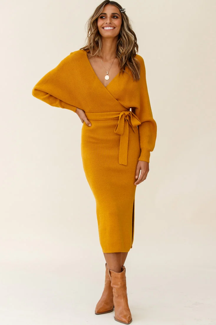 Cameo Batwing Knit Midi Dress Mustard - Image 3