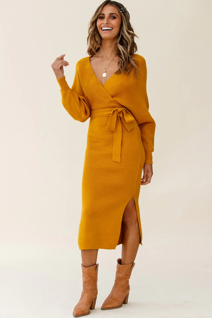 Cameo Batwing Knit Midi Dress Mustard - Image 4