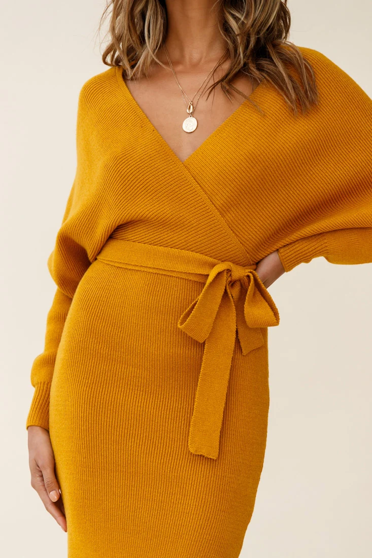 Cameo Batwing Knit Midi Dress Mustard - Image 7