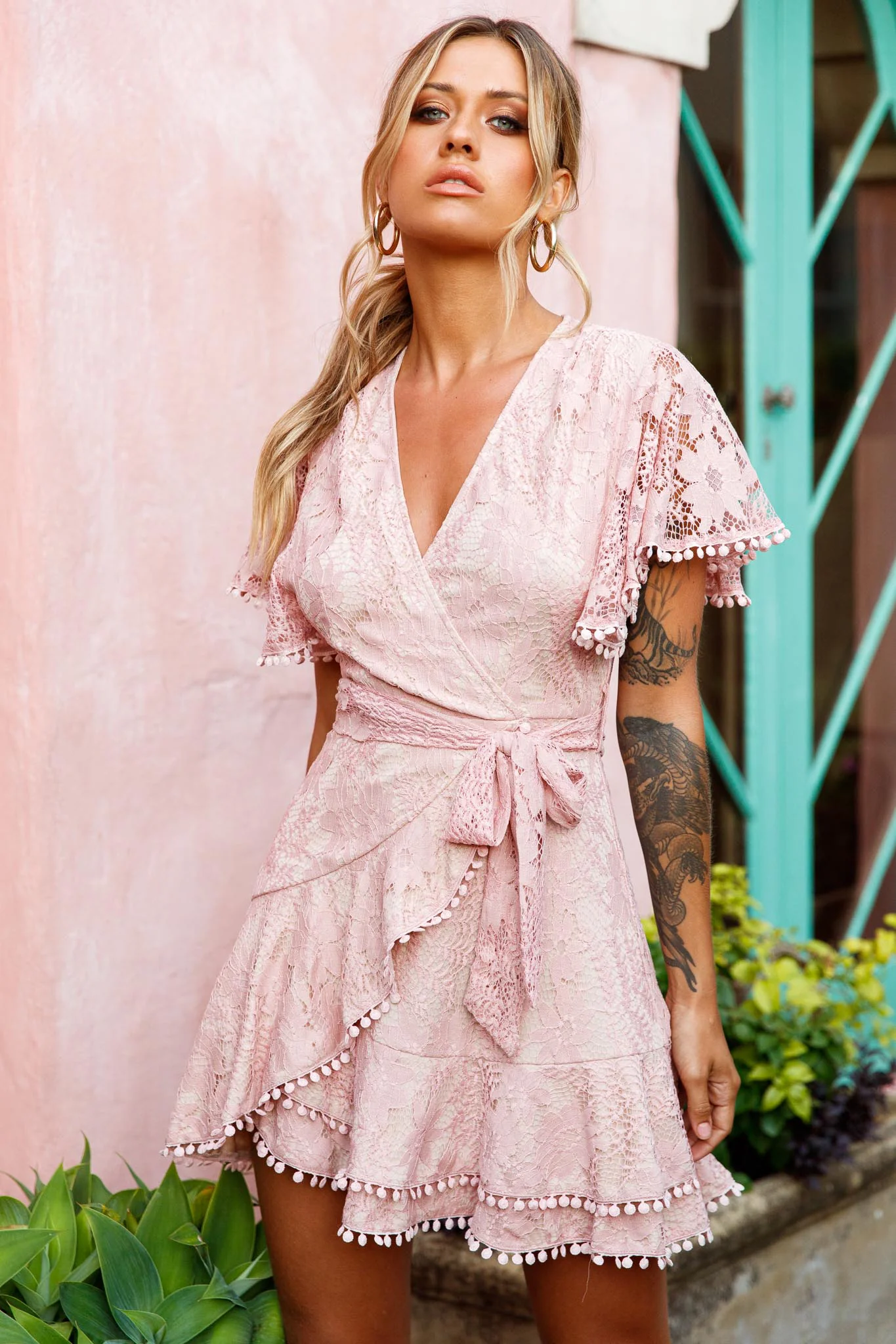 Cami Angel Sleeve Faux Wrap Dress Lace Blush - Image 5