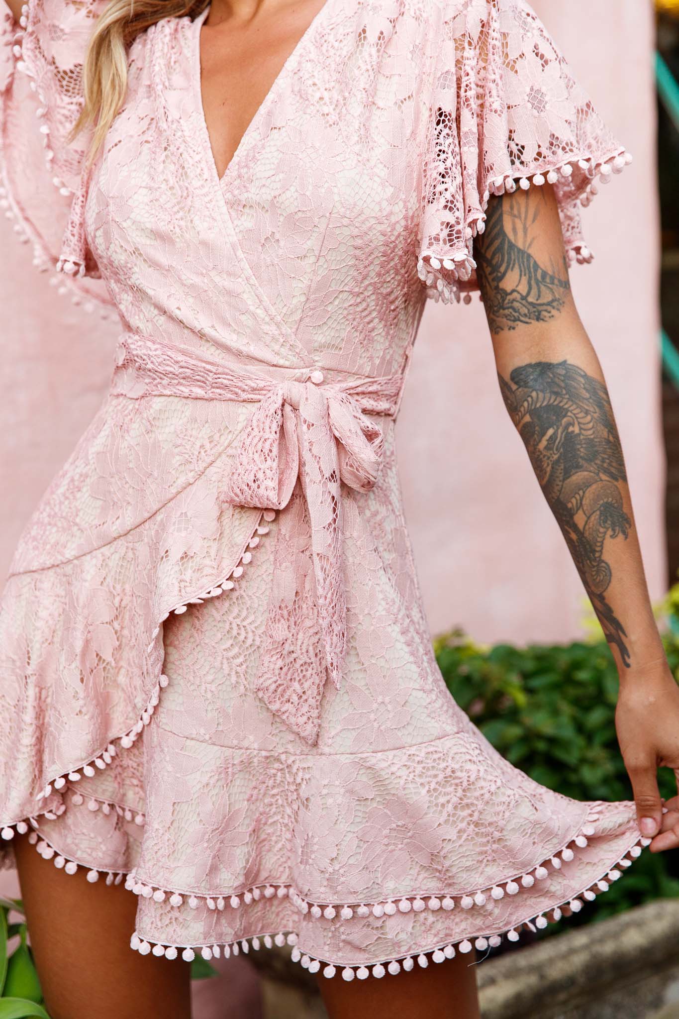 Cami Angel Sleeve Faux Wrap Dress Lace Blush - Image 7