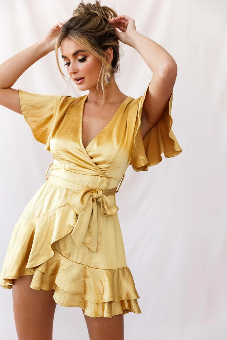 Cami Angel Sleeve Faux Wrap Dress Mustard - Image 6