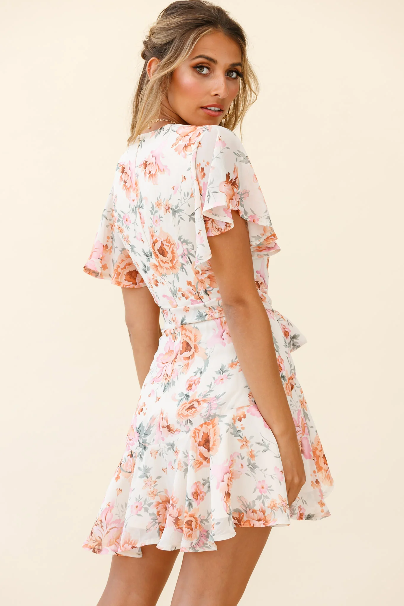 Cami Angel Sleeve Faux Wrap Dress Rose Print Pink - Image 3
