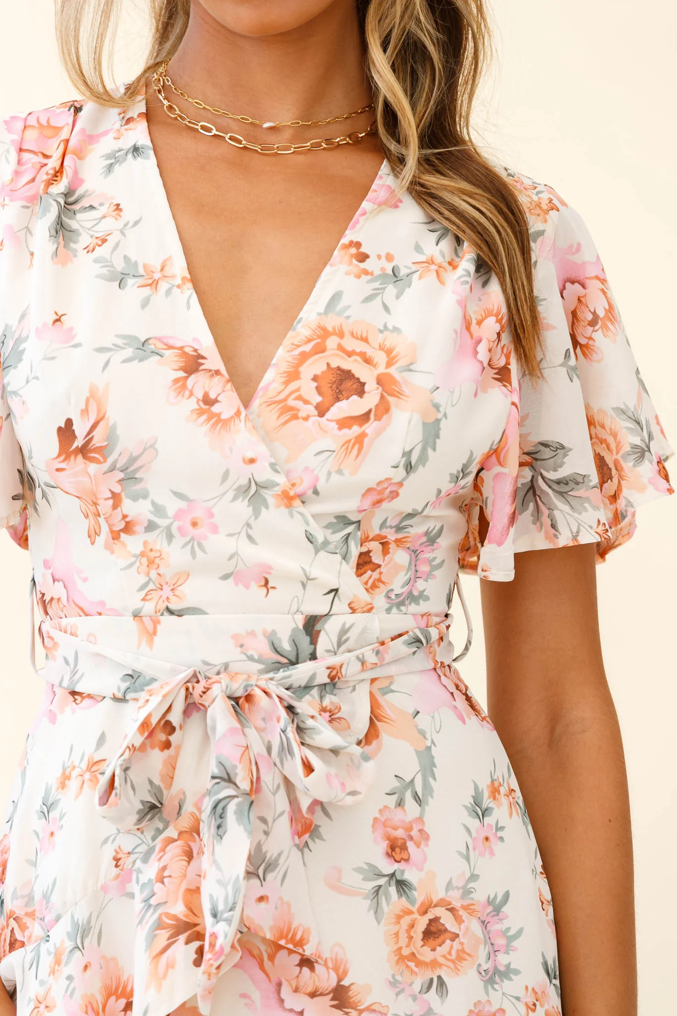 Cami Angel Sleeve Faux Wrap Dress Rose Print Pink - Image 4