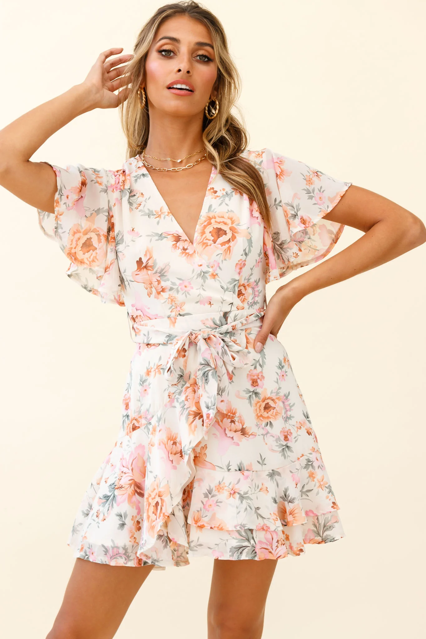 Cami Angel Sleeve Faux Wrap Dress Rose Print Pink - Image 6