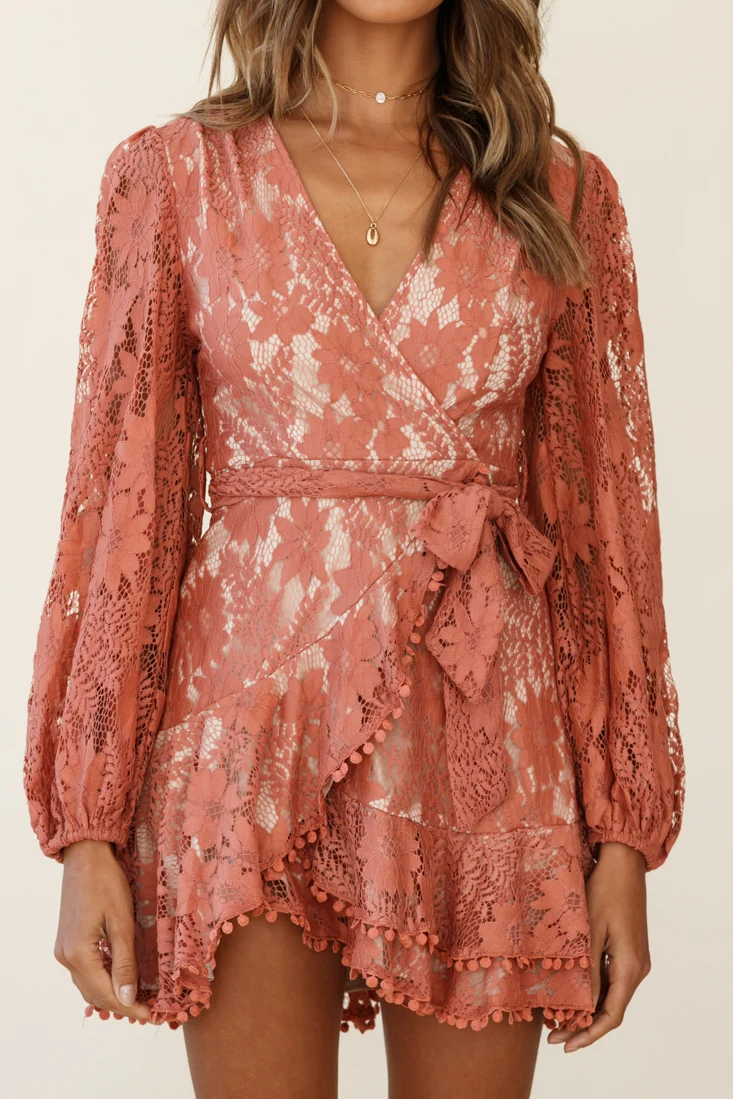 Cami Balloon Sleeve Faux Wrap Dress Lace Rose - Image 7