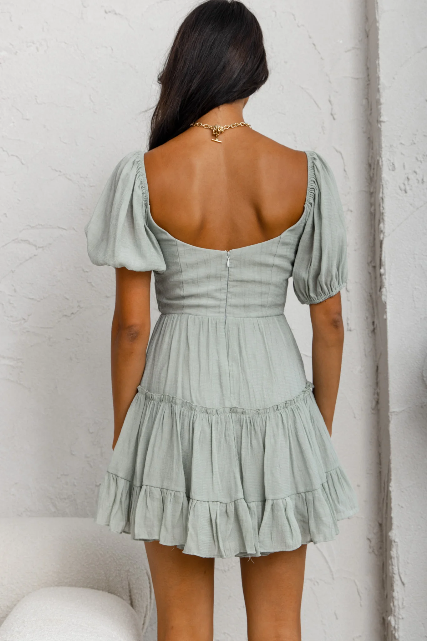 Camille Gathered Bodice Puff Sleeve Flounce Hem Mini Dress Sage - Image 8