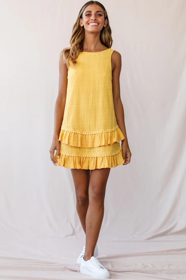 Candice Tiered Frill Hem Scooped Back Dress Yellow - Image 7