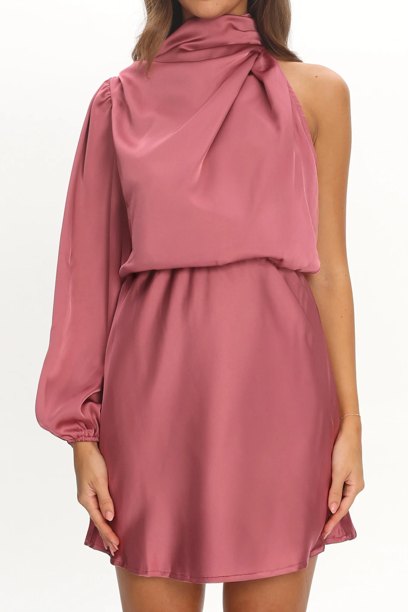 Can't Compete One Sleeve Satin Mini Dress Dusty Pink - Image 4