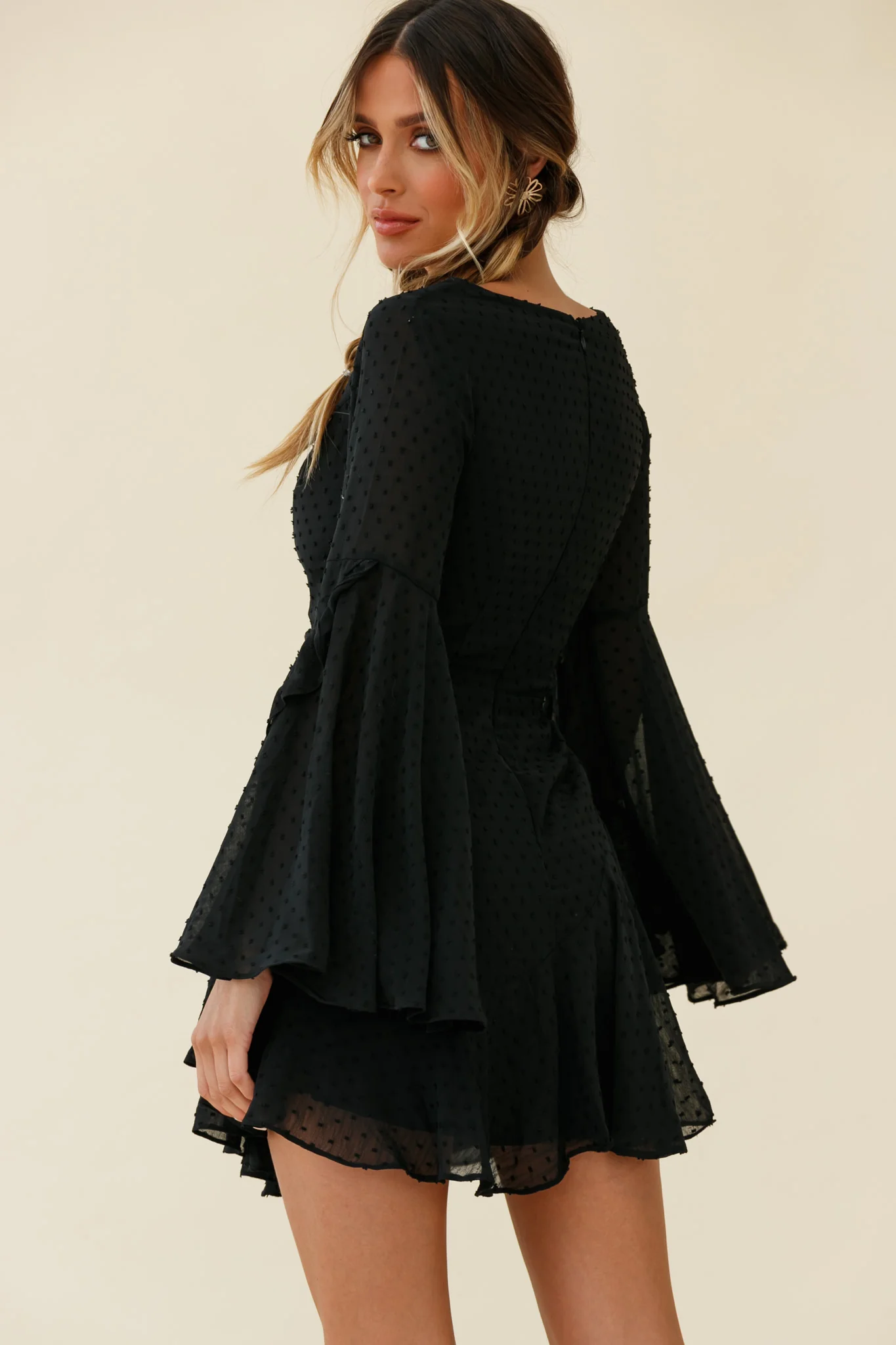 Carlini Flared Sleeve Boat Neckline Dress Black - Image 3