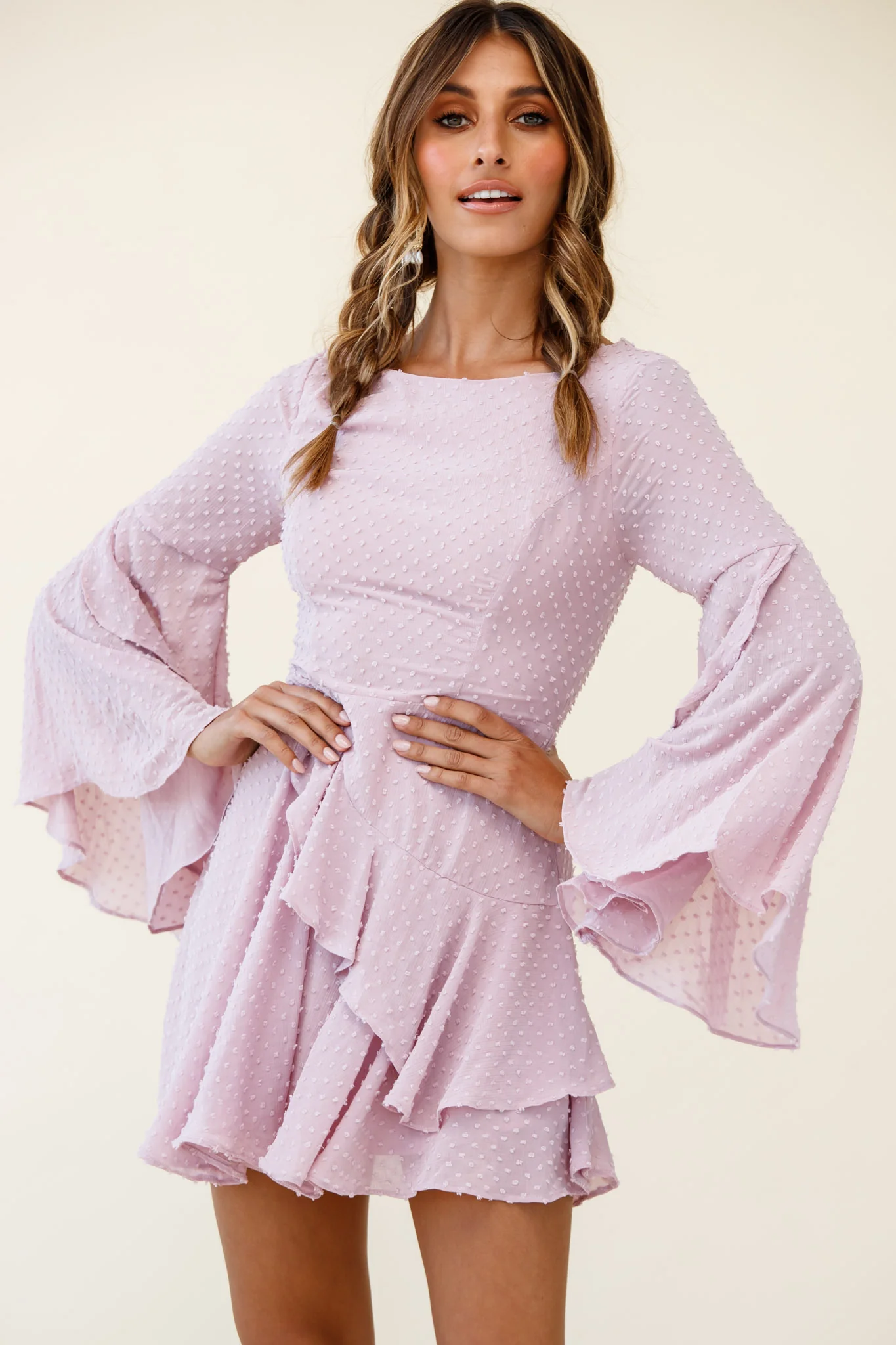 Carlini Flared Sleeve Boat Neckline Dress Blush - Image 3