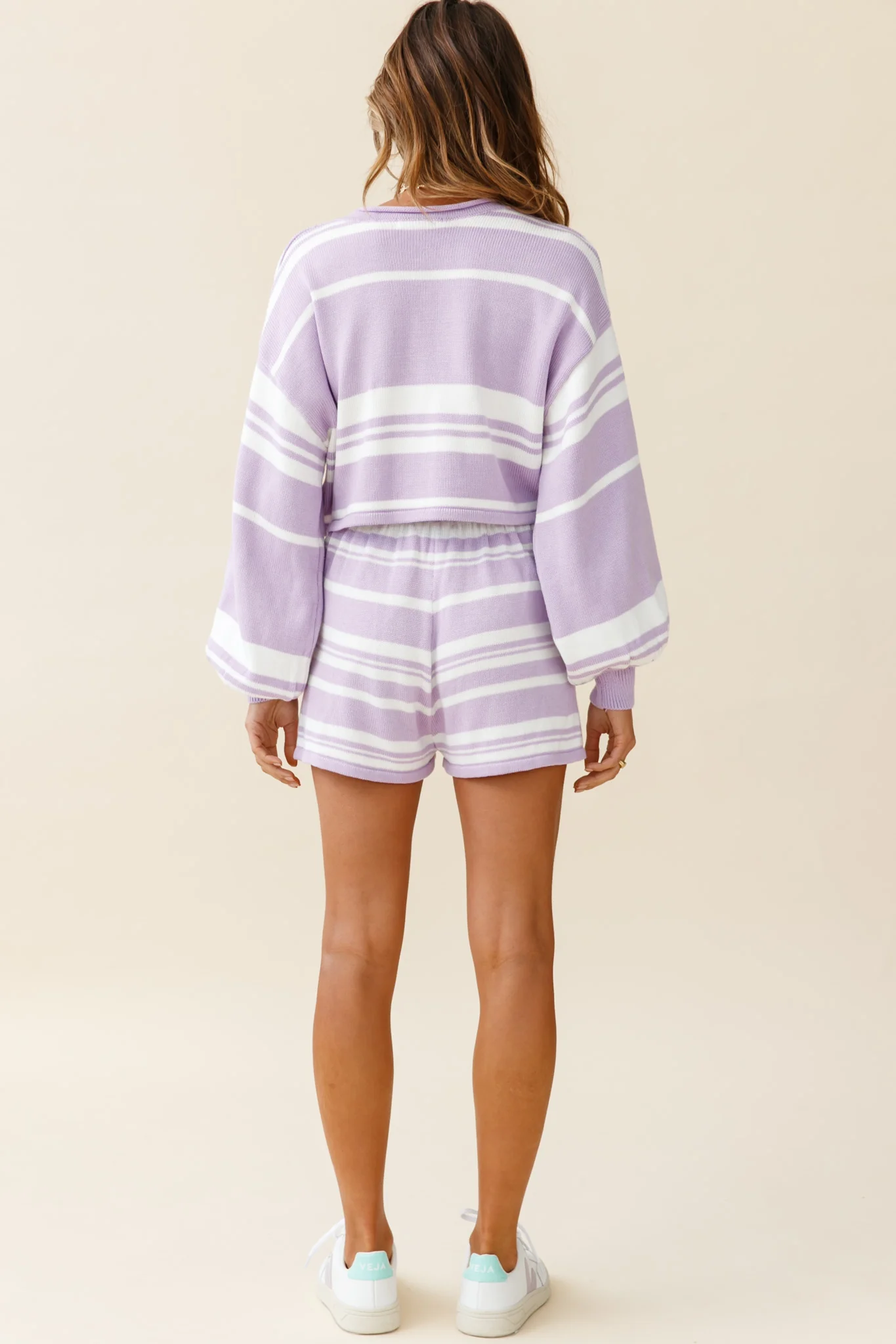 Carlo Long Balloon Sleeve Crop Top Striped Pattern Lilac - Image 2