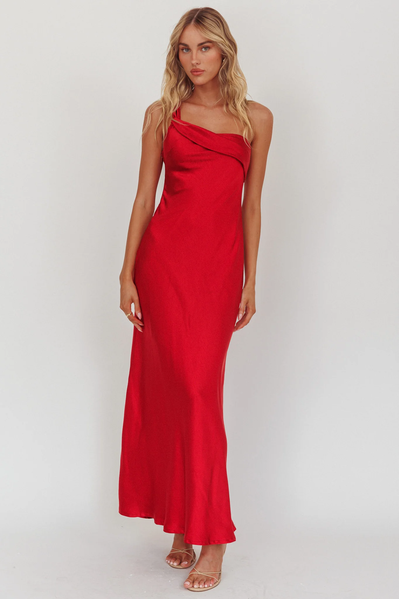 Carmel One-Shoulder Sash Maxi Dress Cherry - Image 4