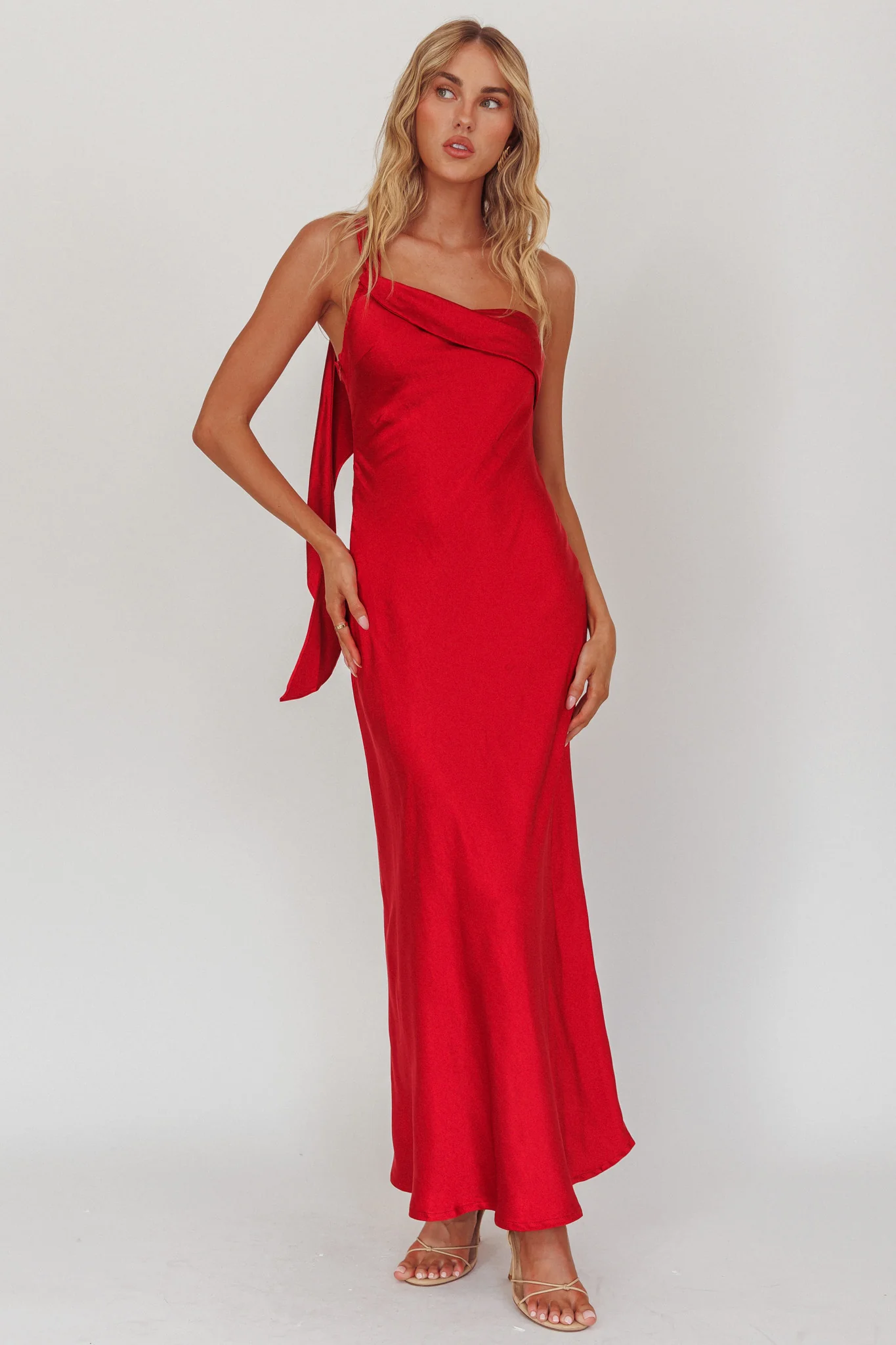 Carmel One-Shoulder Sash Maxi Dress Cherry - Image 5