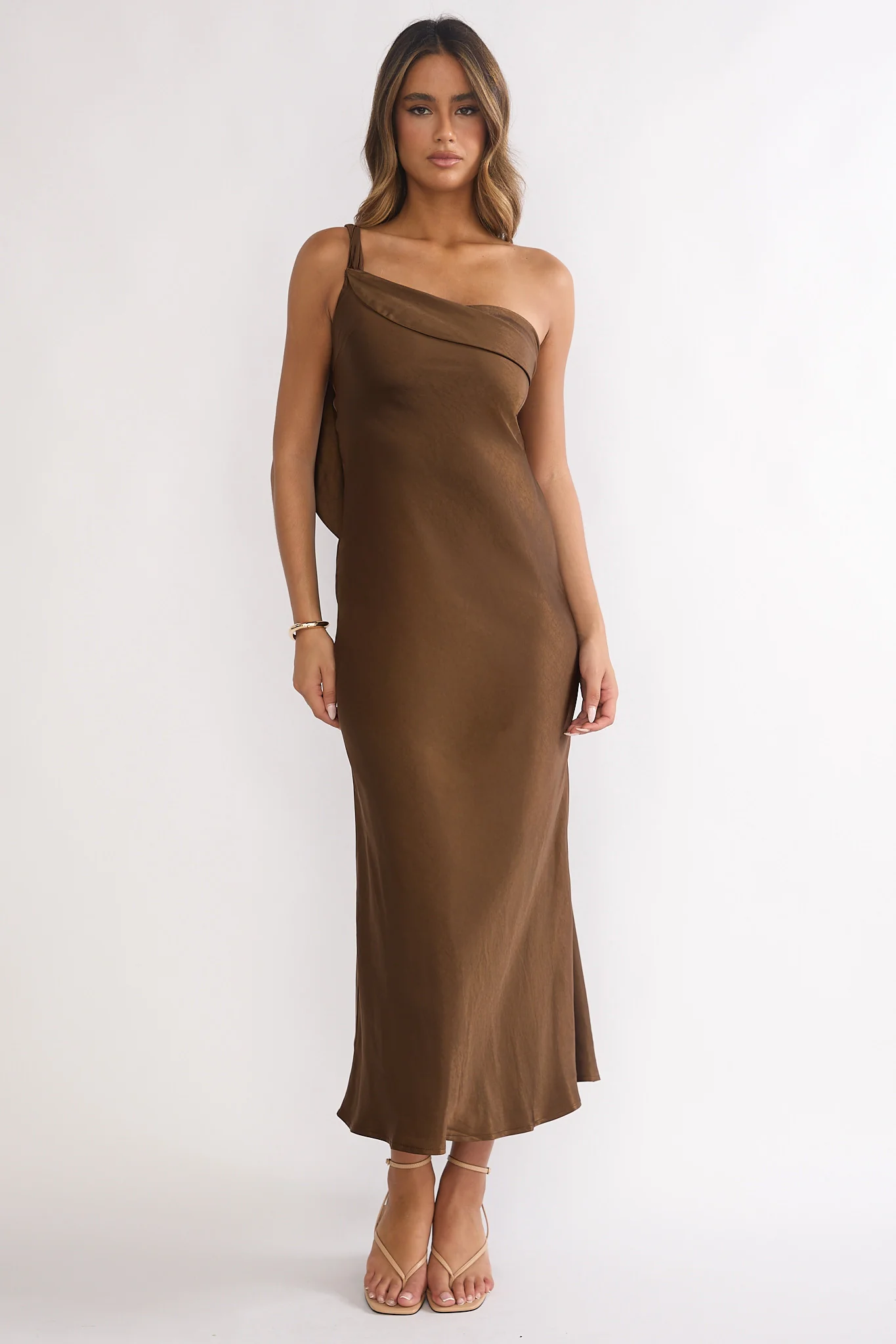 Carmel One-Shoulder Sash Maxi Dress Chocolate - Image 10