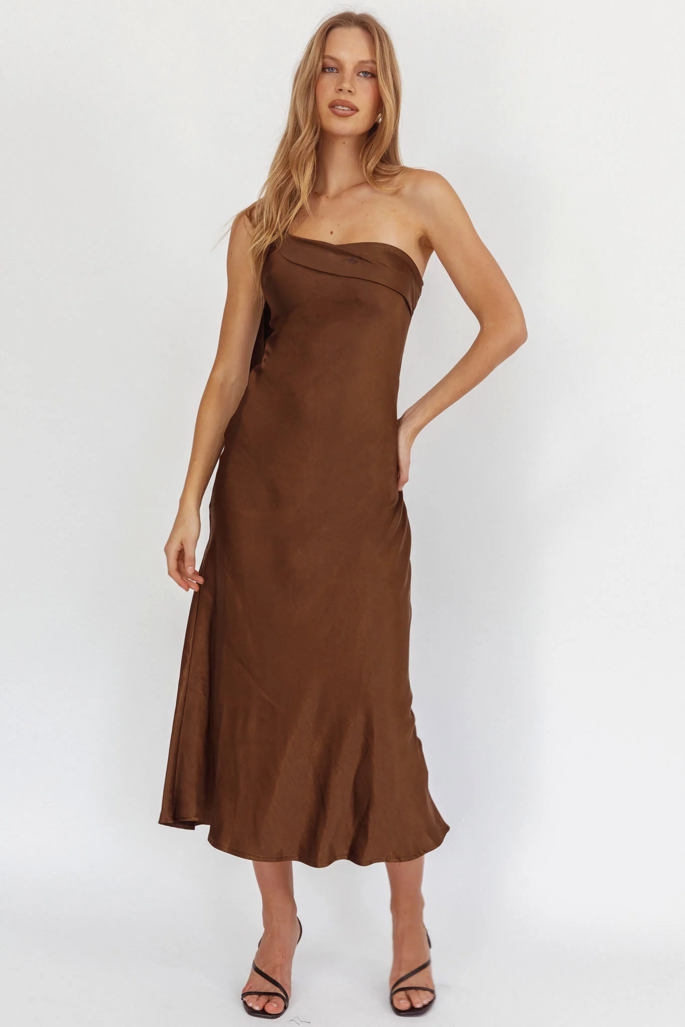 Carmel One-Shoulder Sash Maxi Dress Chocolate - Image 8