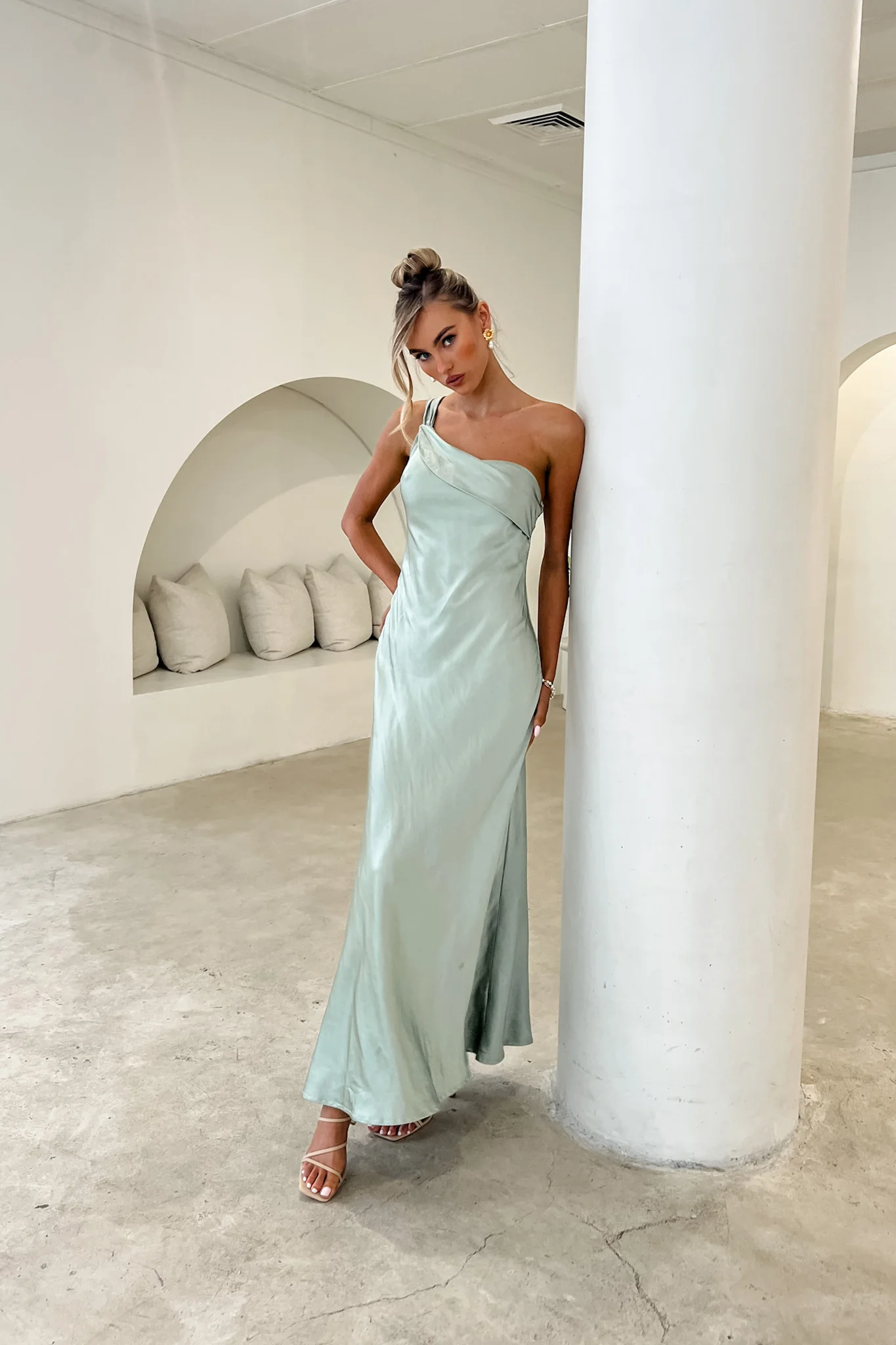 Carmel One-Shoulder Sash Maxi Dress Sage - Image 2