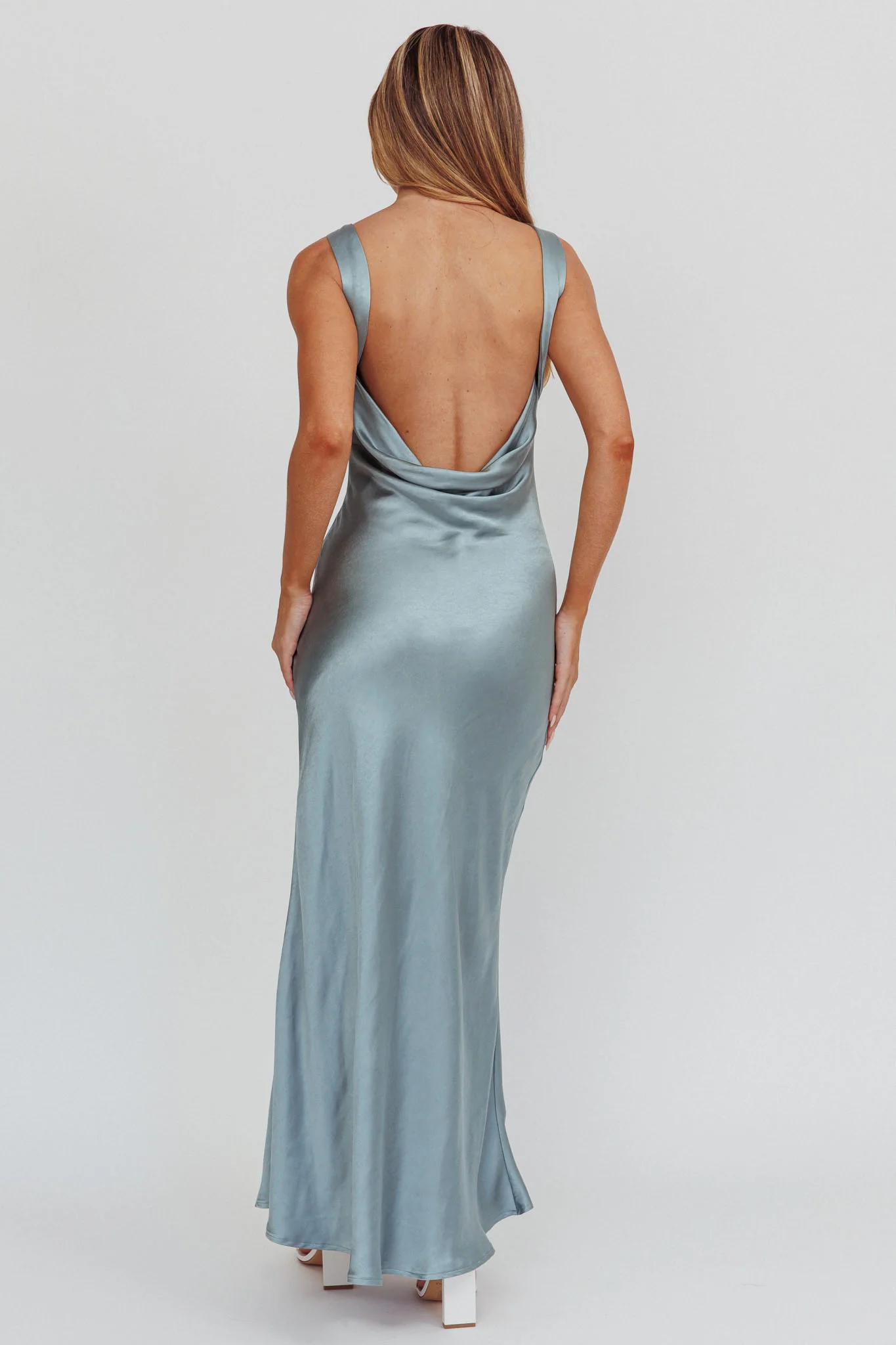 Carmine Satin Sleeveless Maxi Dress Blue - Image 2