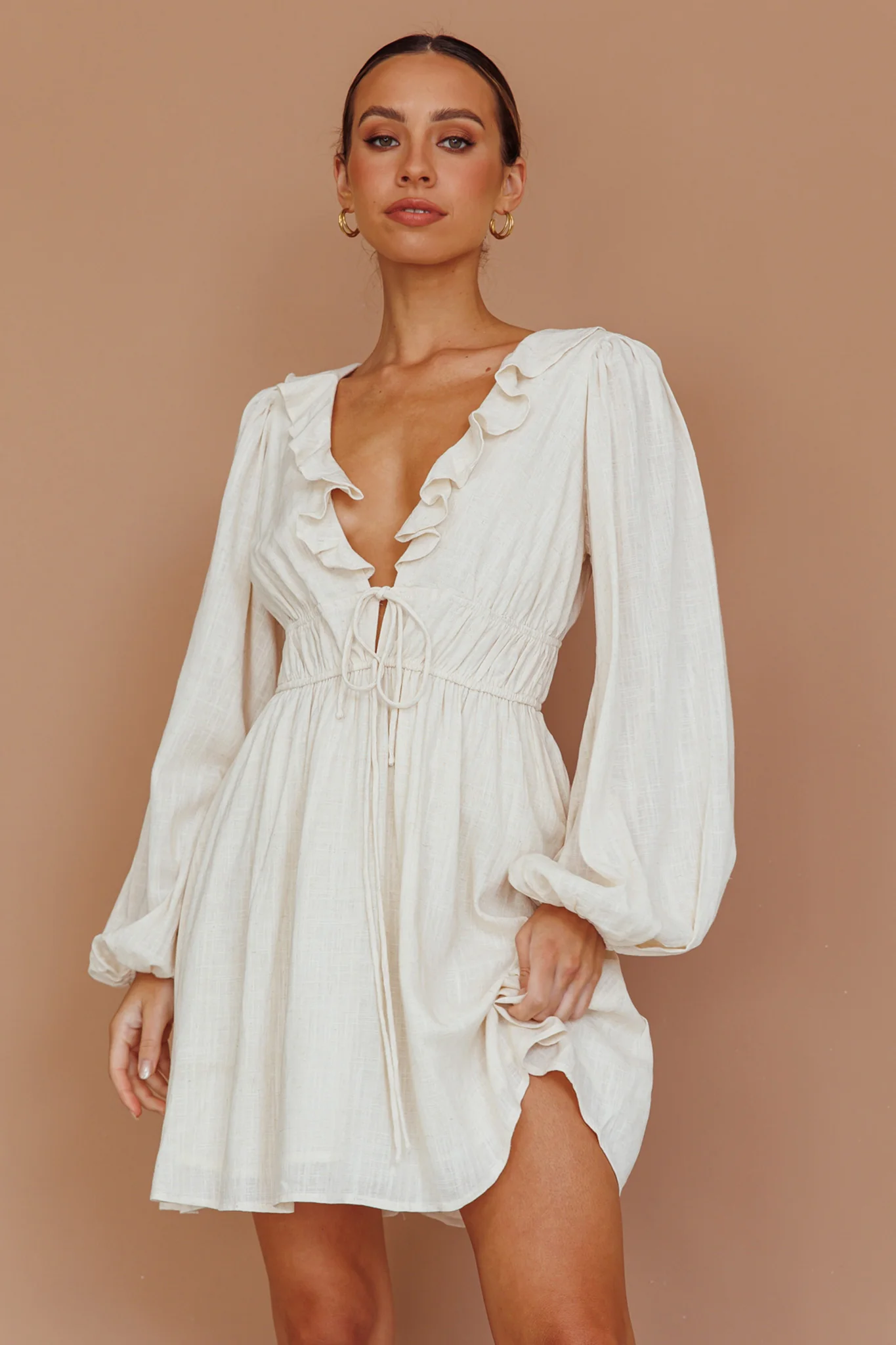 Carnivale Balloon Sleeve Ruffle Mini Dress Oat - Image 6