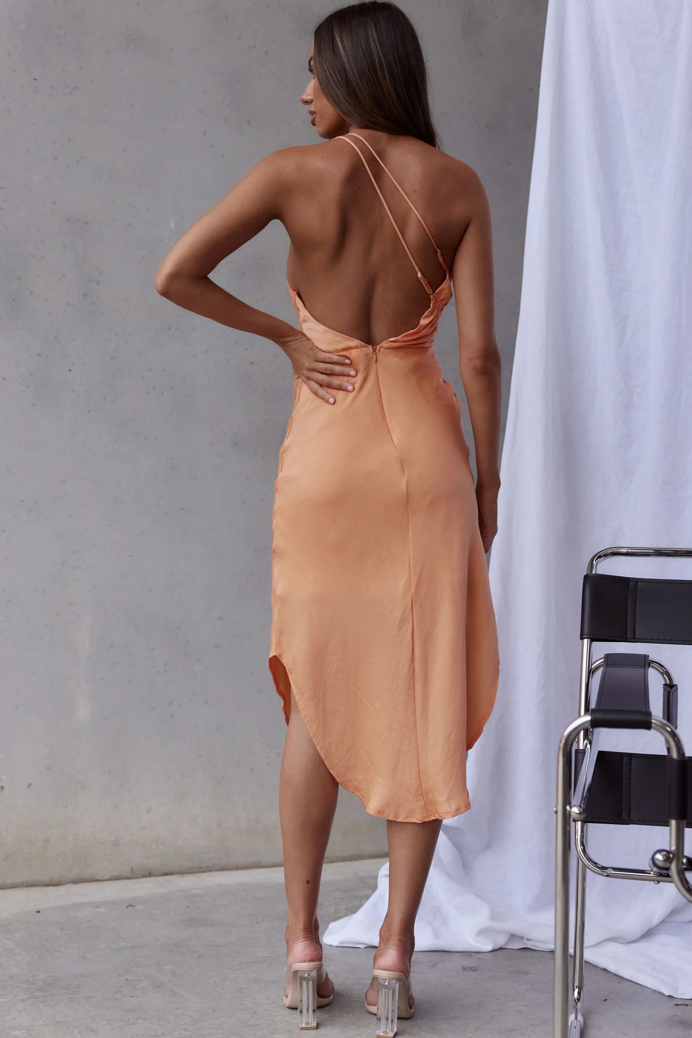 Casa Del Mar One-Shoulder Ruched Midi Dress Tangerine - Image 2