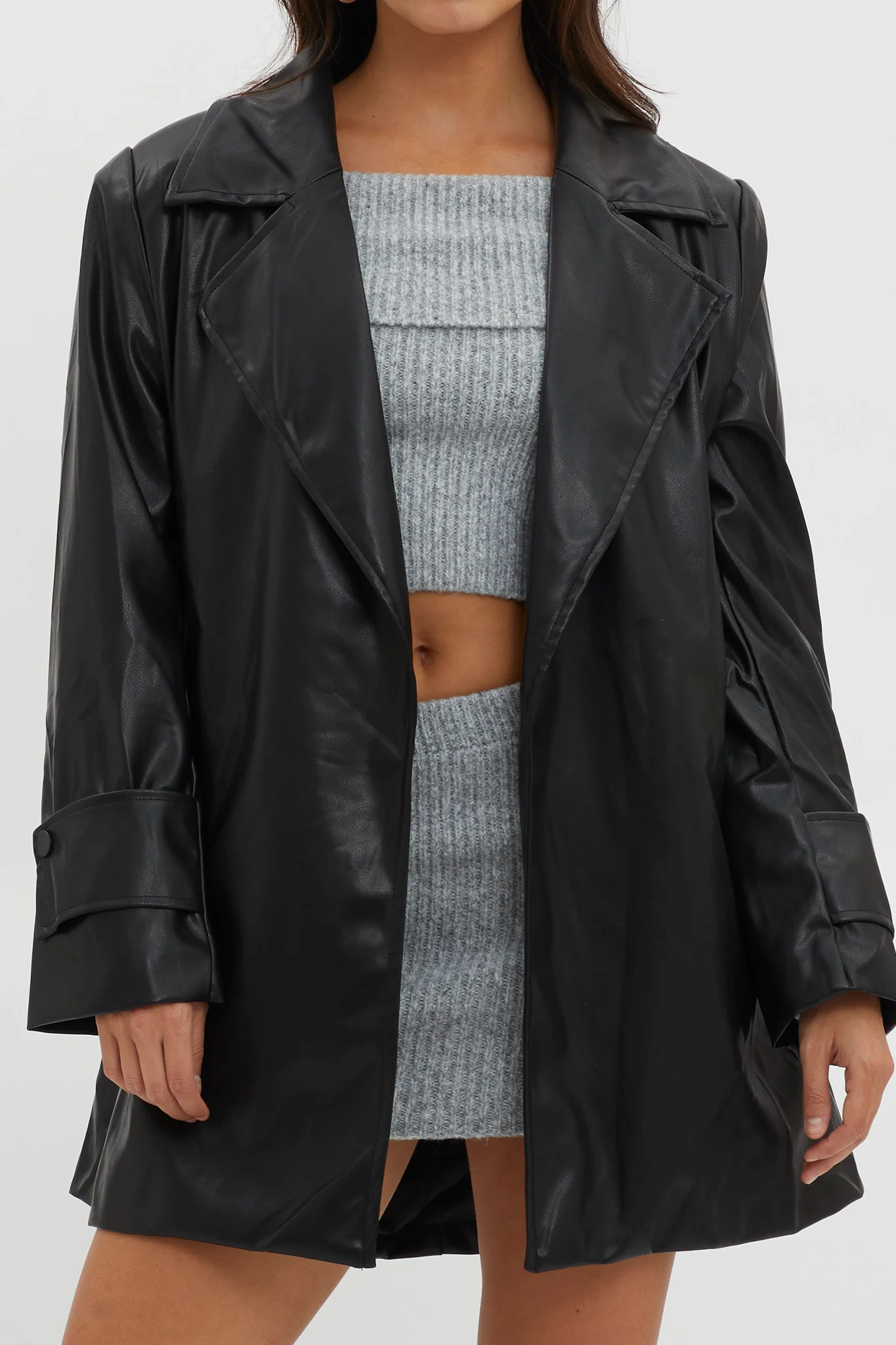 Casanova Girl Faux Leather Trench Coat Jacket Black - Image 3