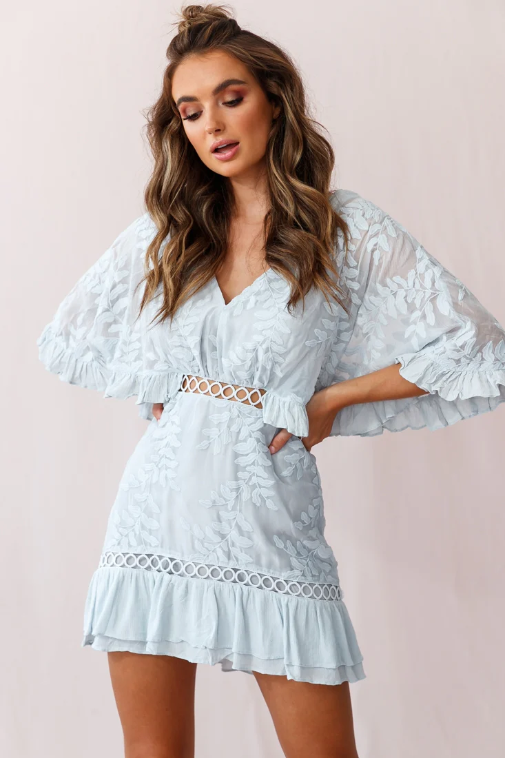 Caspar Leafy Embroidered Dress Baby Blue - Image 6