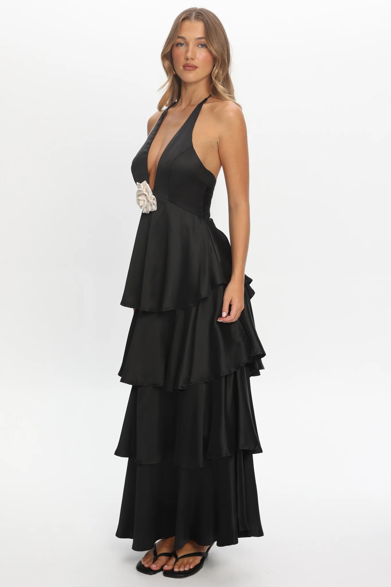 Catalina Tiered Ruffle Rosette Maxi Dress Black - Image 2