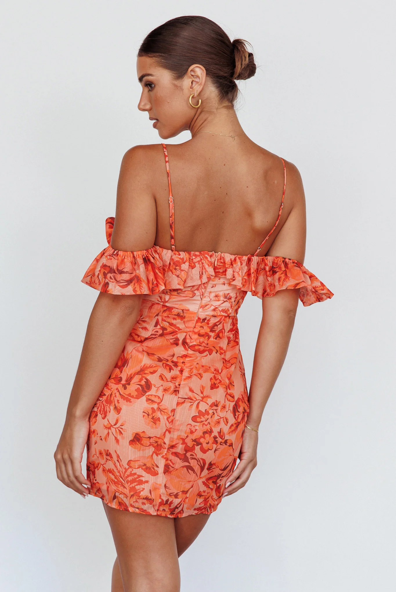 Catania Off-Shoulder Ruffle Mini Dress Floral Orange - Image 2
