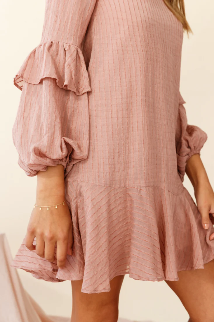 Cate Crew Neckline Balloon Sleeve Frill Dress Rose - Image 4