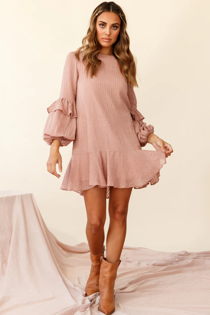 Cate Crew Neckline Balloon Sleeve Frill Dress Rose - Image 5
