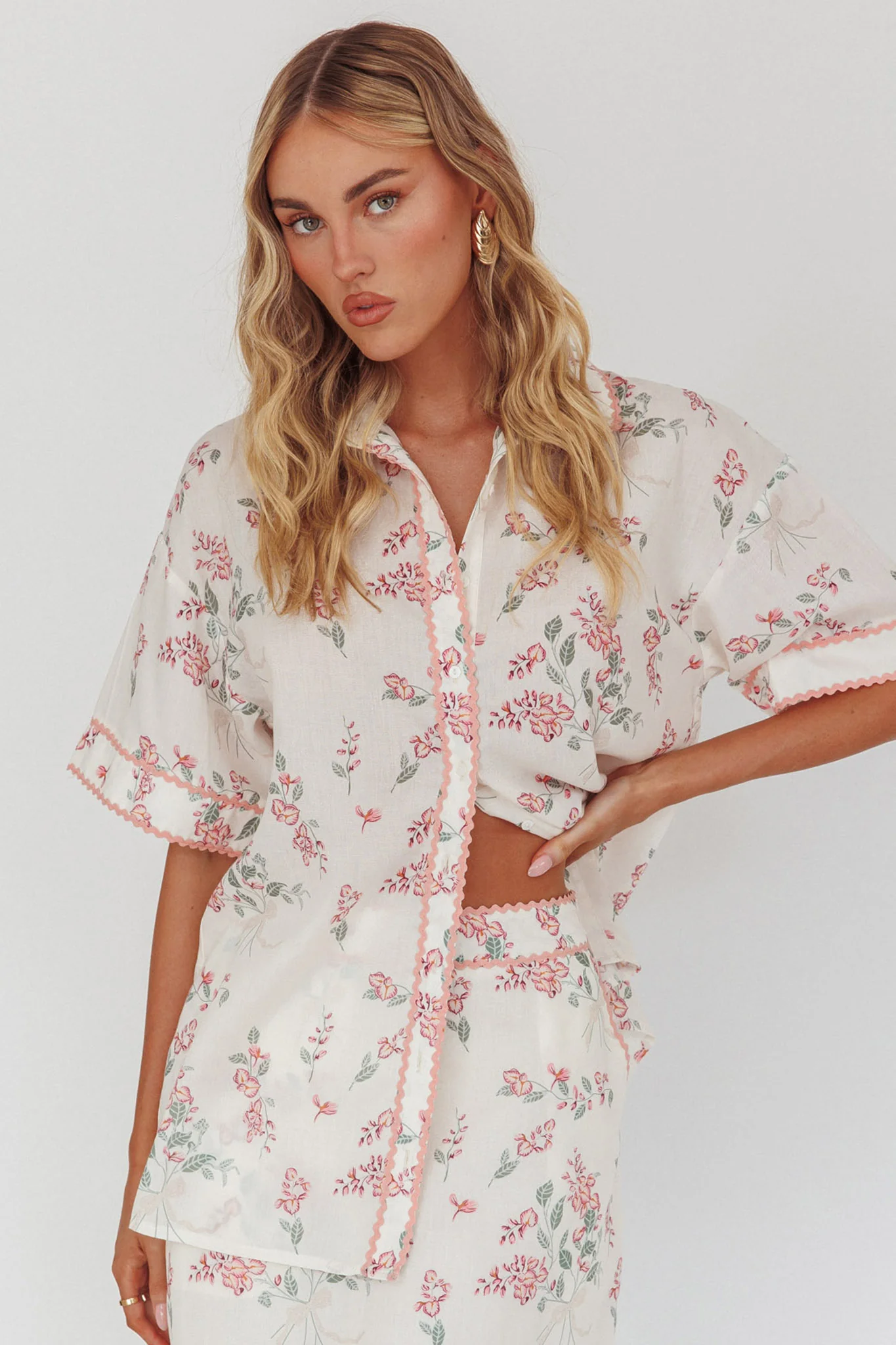 Catherina Ric-Rac Trim Button-Up Shirt Floral Pink - Image 6