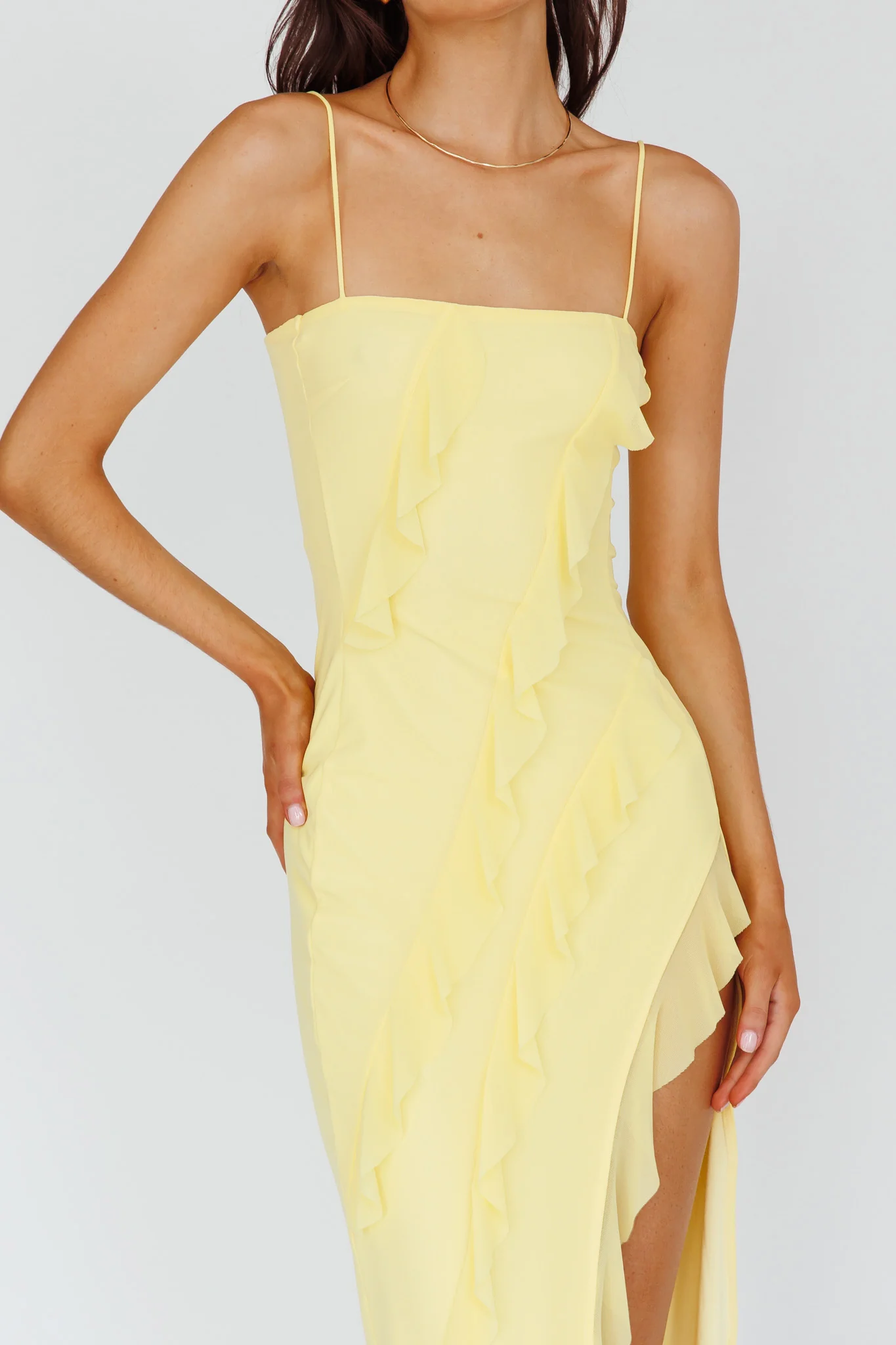 Catriona Split Ruffle Midi Dress Lemon - Image 4