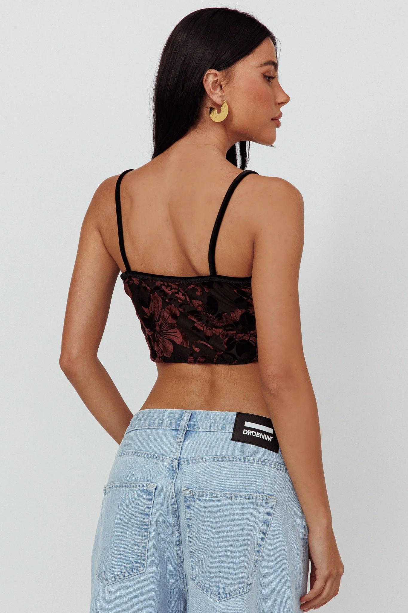 Caught Feelings Floral Velour Crop Top Black/Brown - Image 2