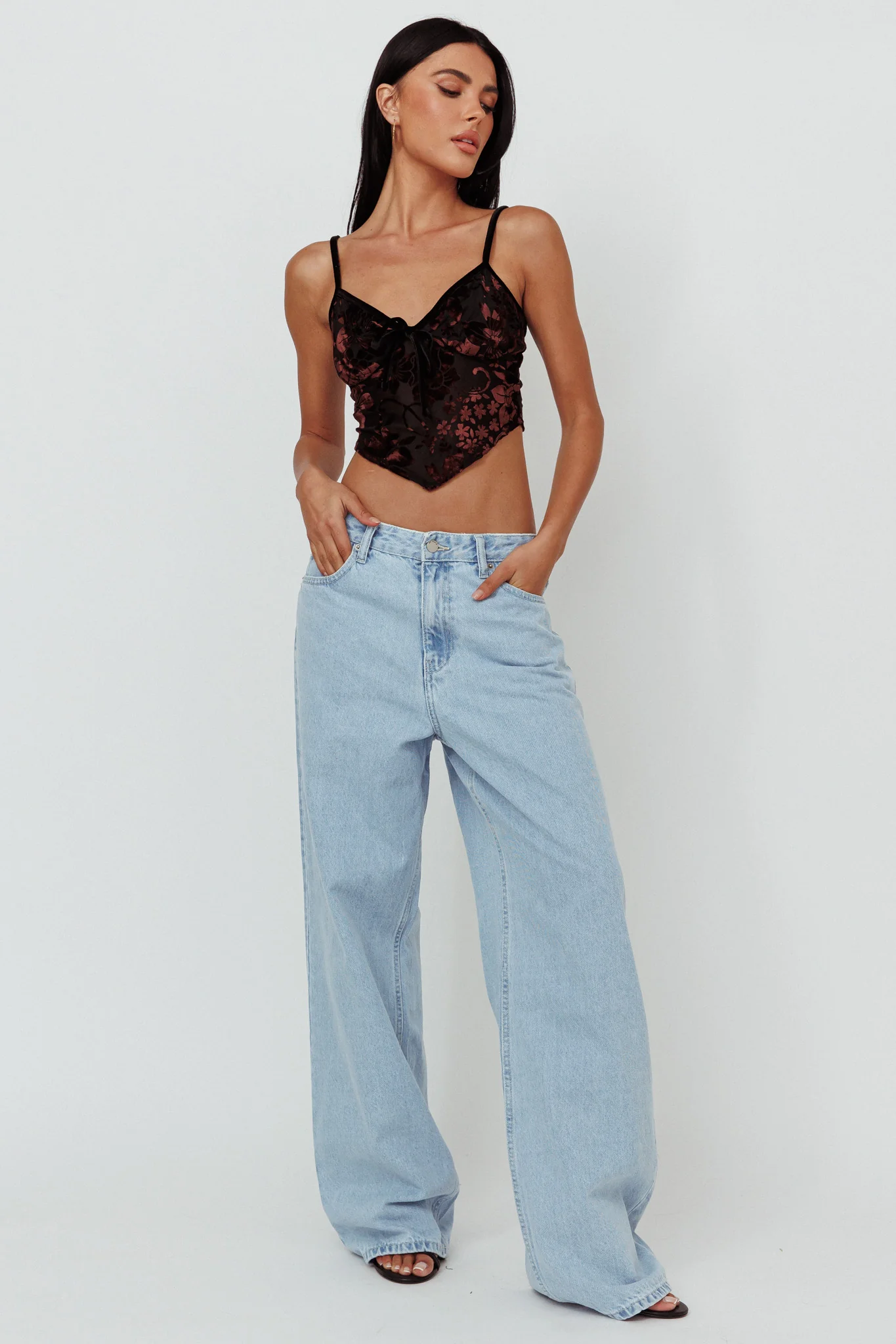 Caught Feelings Floral Velour Crop Top Black/Brown - Image 3