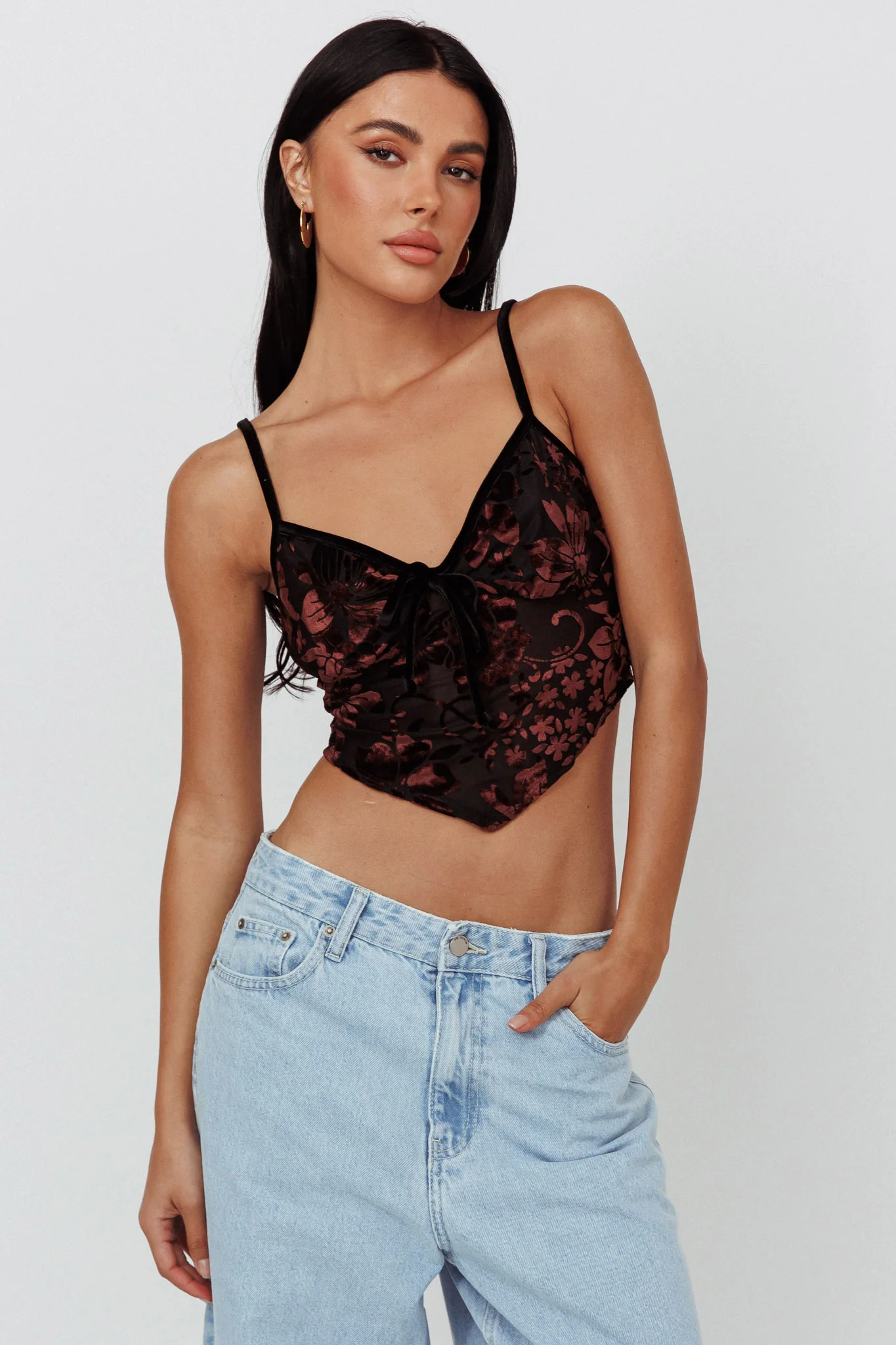 Caught Feelings Floral Velour Crop Top Black/Brown - Image 4