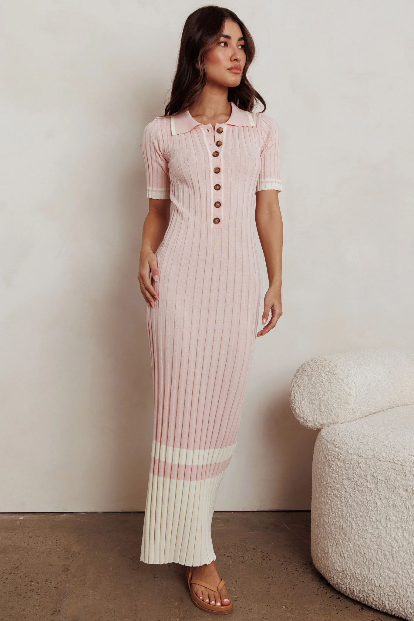 Cayla Button-Up Ribbed Knit Dress Pink - Image 6