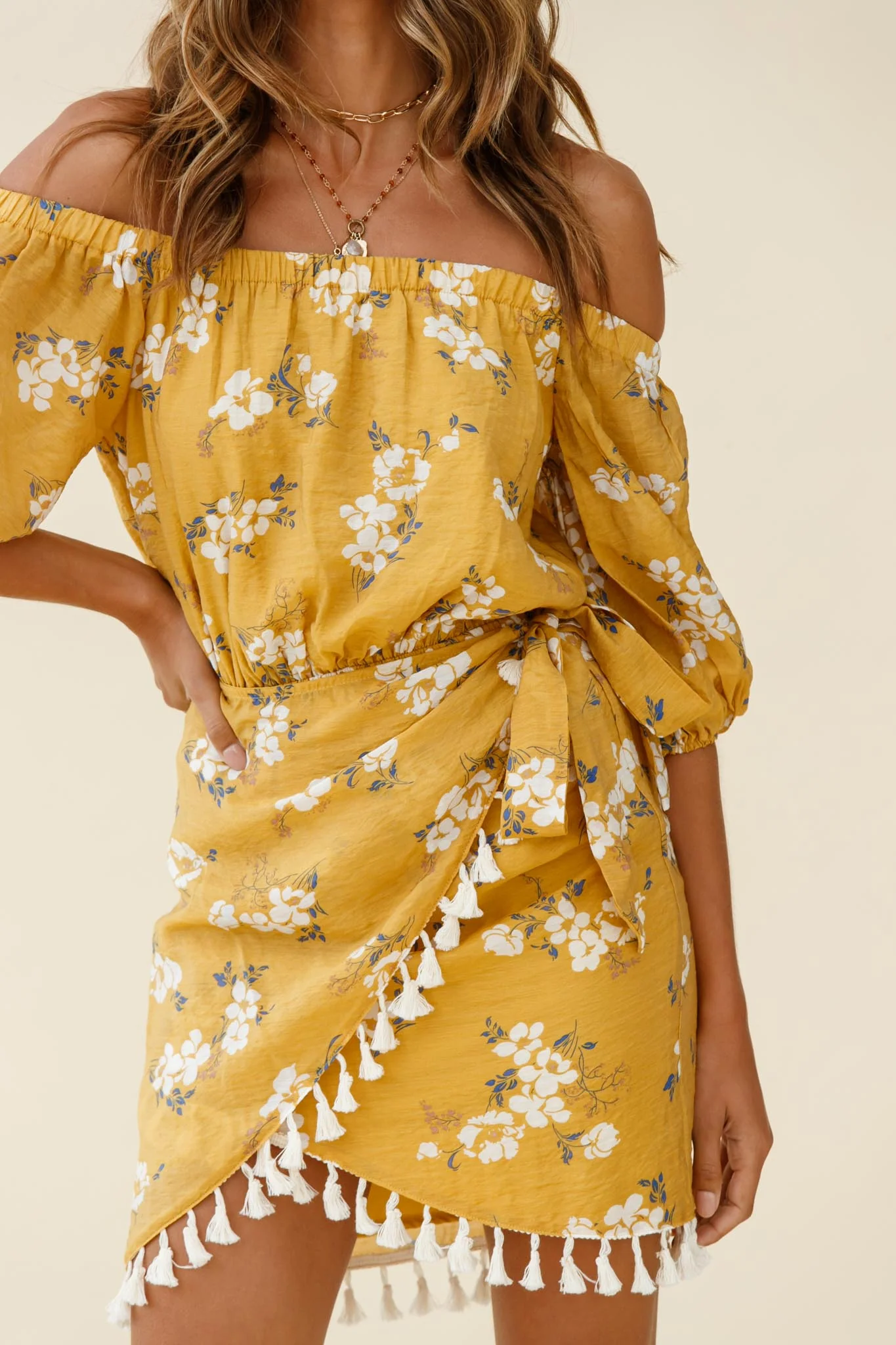 Cayman Tassel Trim Wrap Dress Floral Print Mustard - Image 6