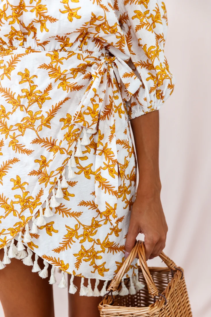 Cayman Tassel Trim Wrap Dress White/Yellow - Image 4