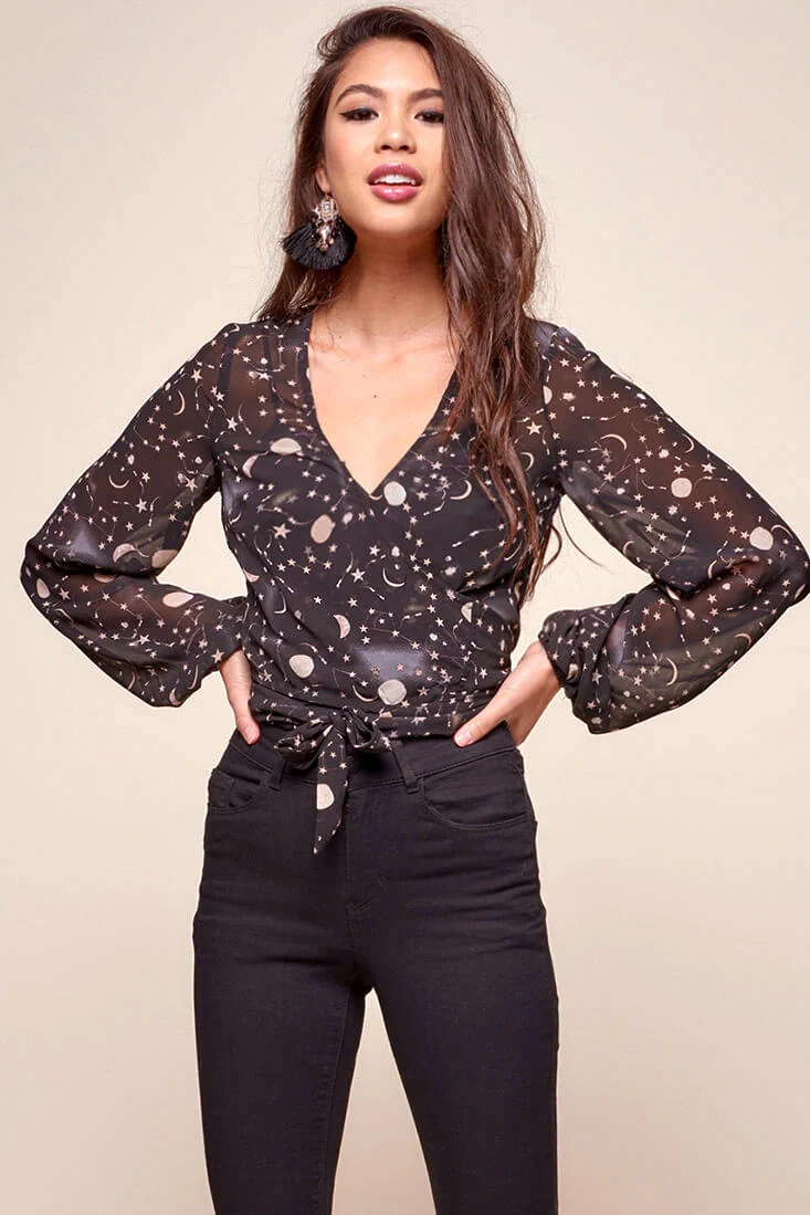 Celeste Galaxy Star Print Wrap Top Black - Image 2