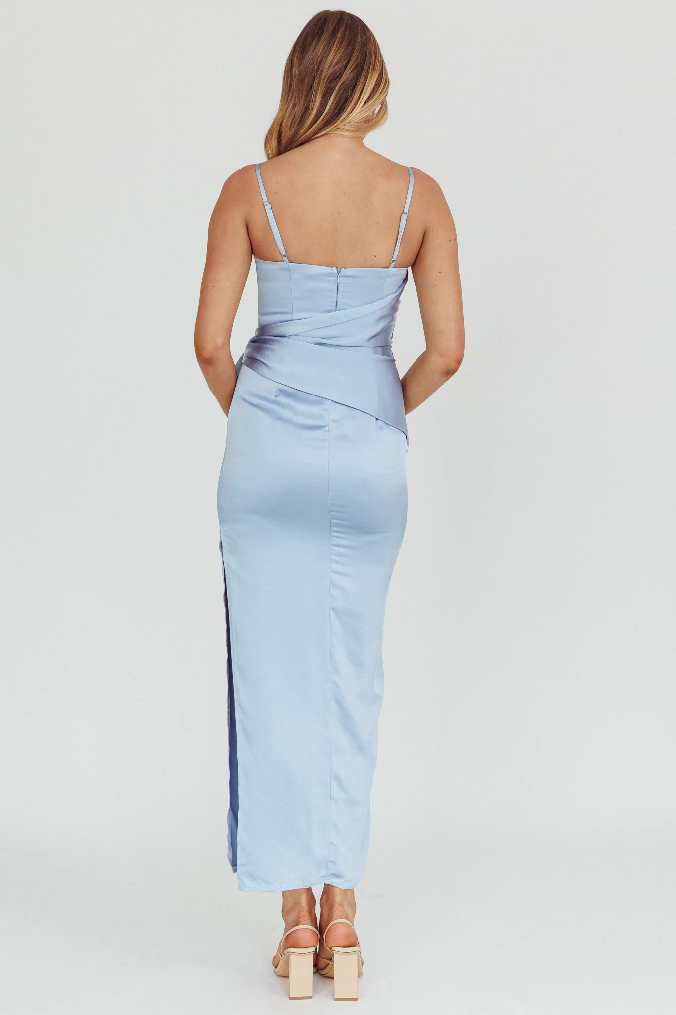 Celestine Waist Tie Satin Maxi Dress Light Blue - Image 2