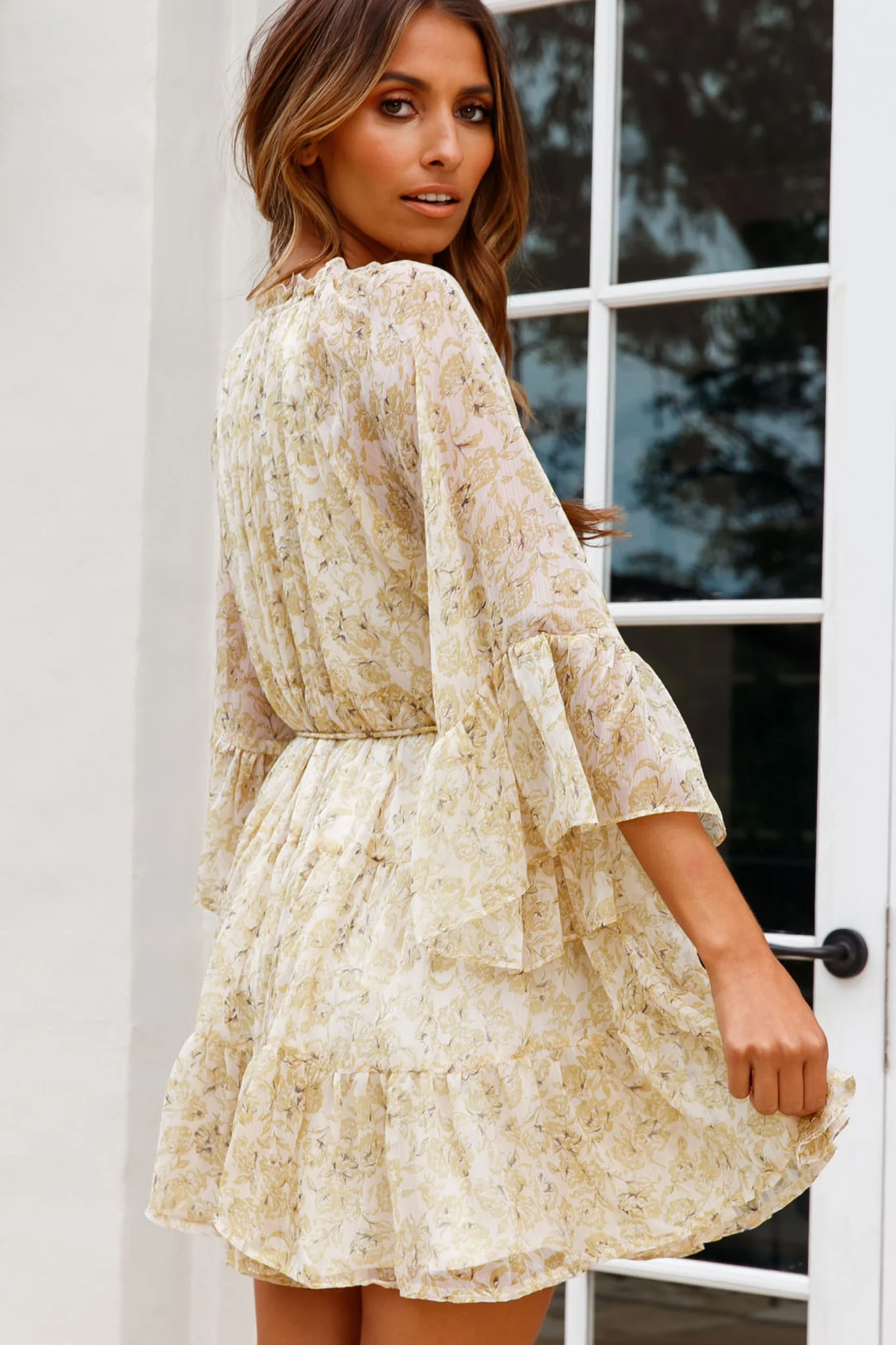 Celia Bell Sleeve String-Tie Detail Dress Floral Print White/Lime - Image 5