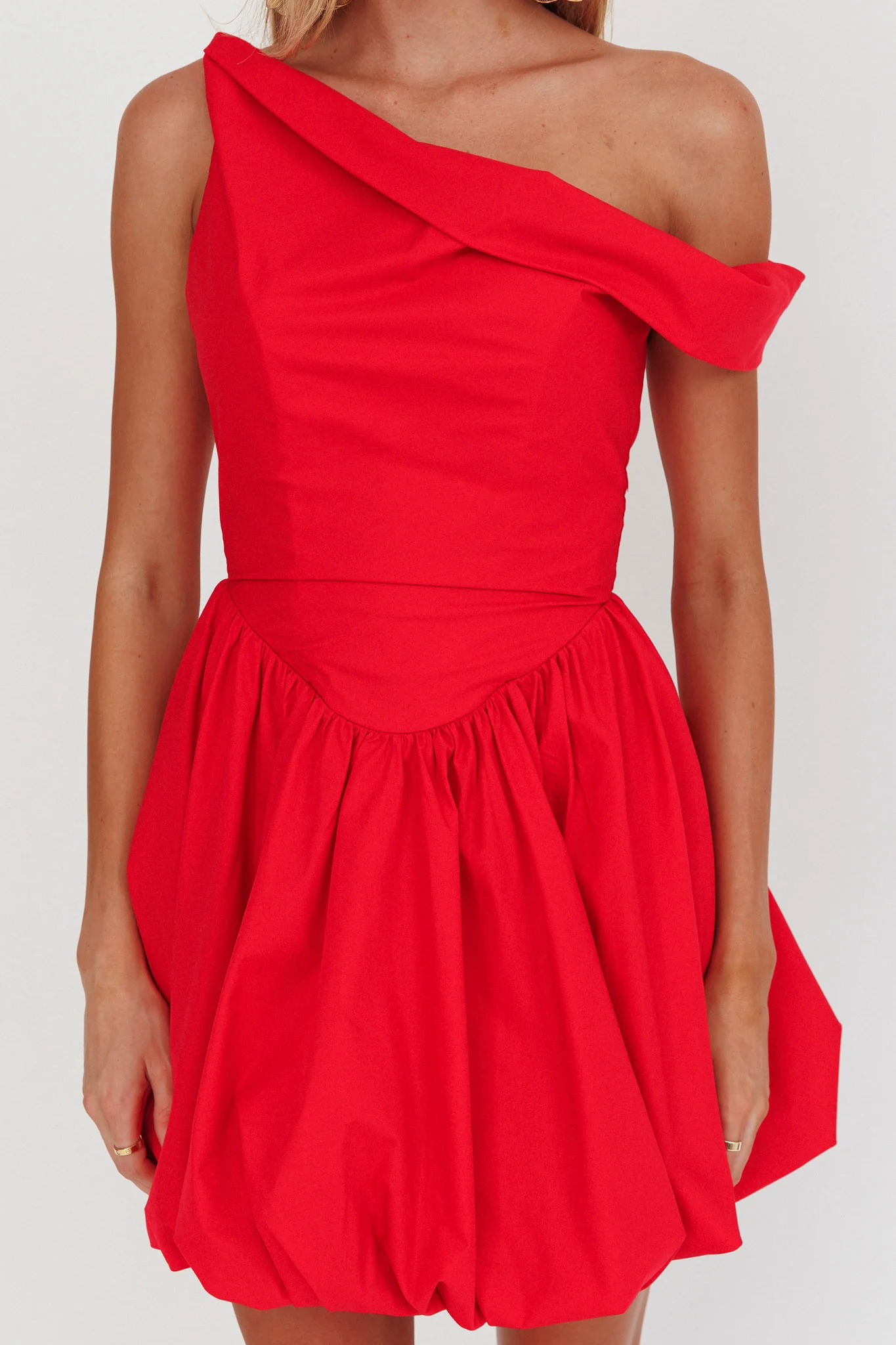 Celinda Asymmetric Neckline Balloon Mini Dress Red - Image 3