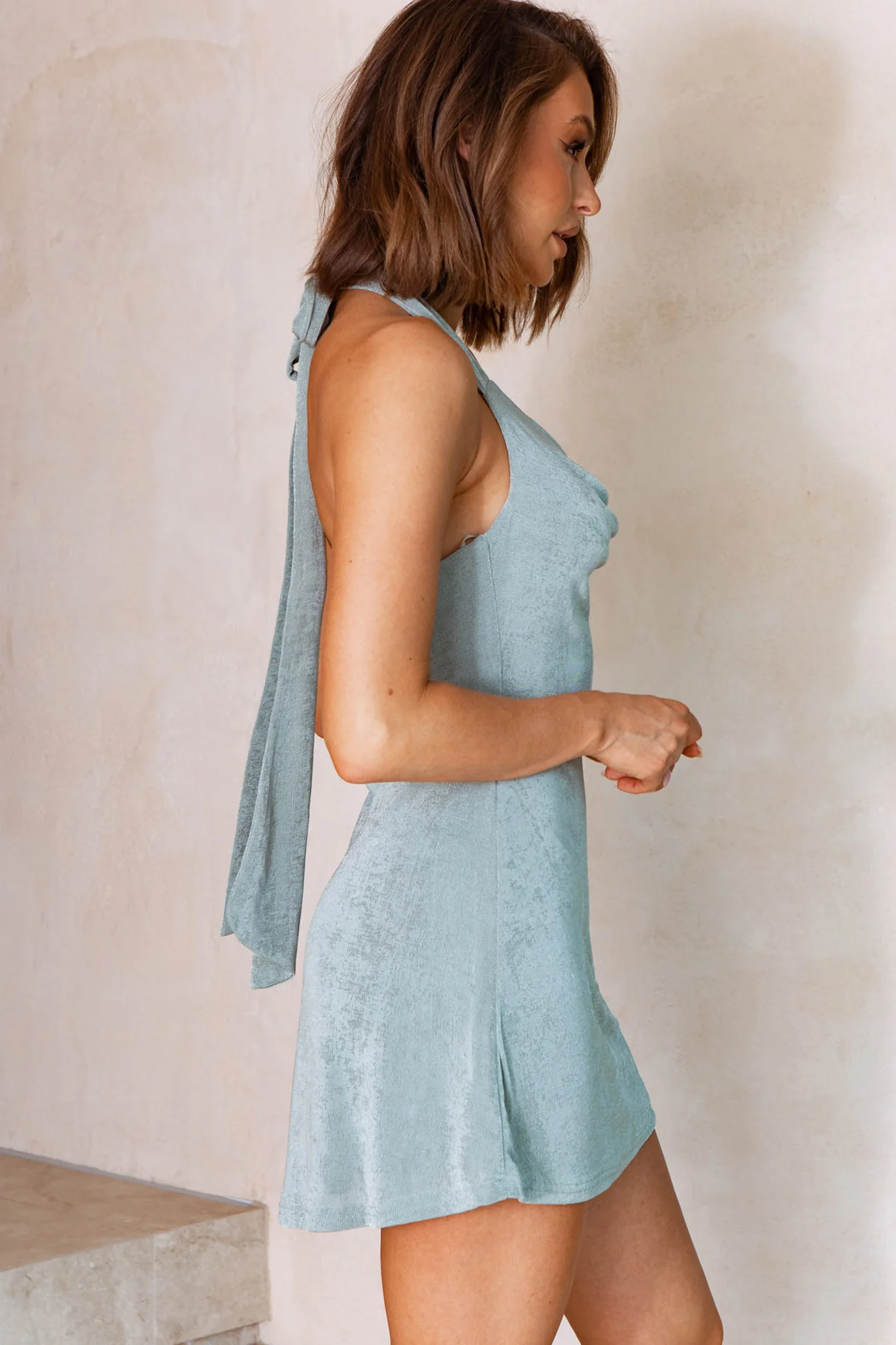 Champagne Showers Halterneck Slip Jersey Mini Dress Sage - Image 5
