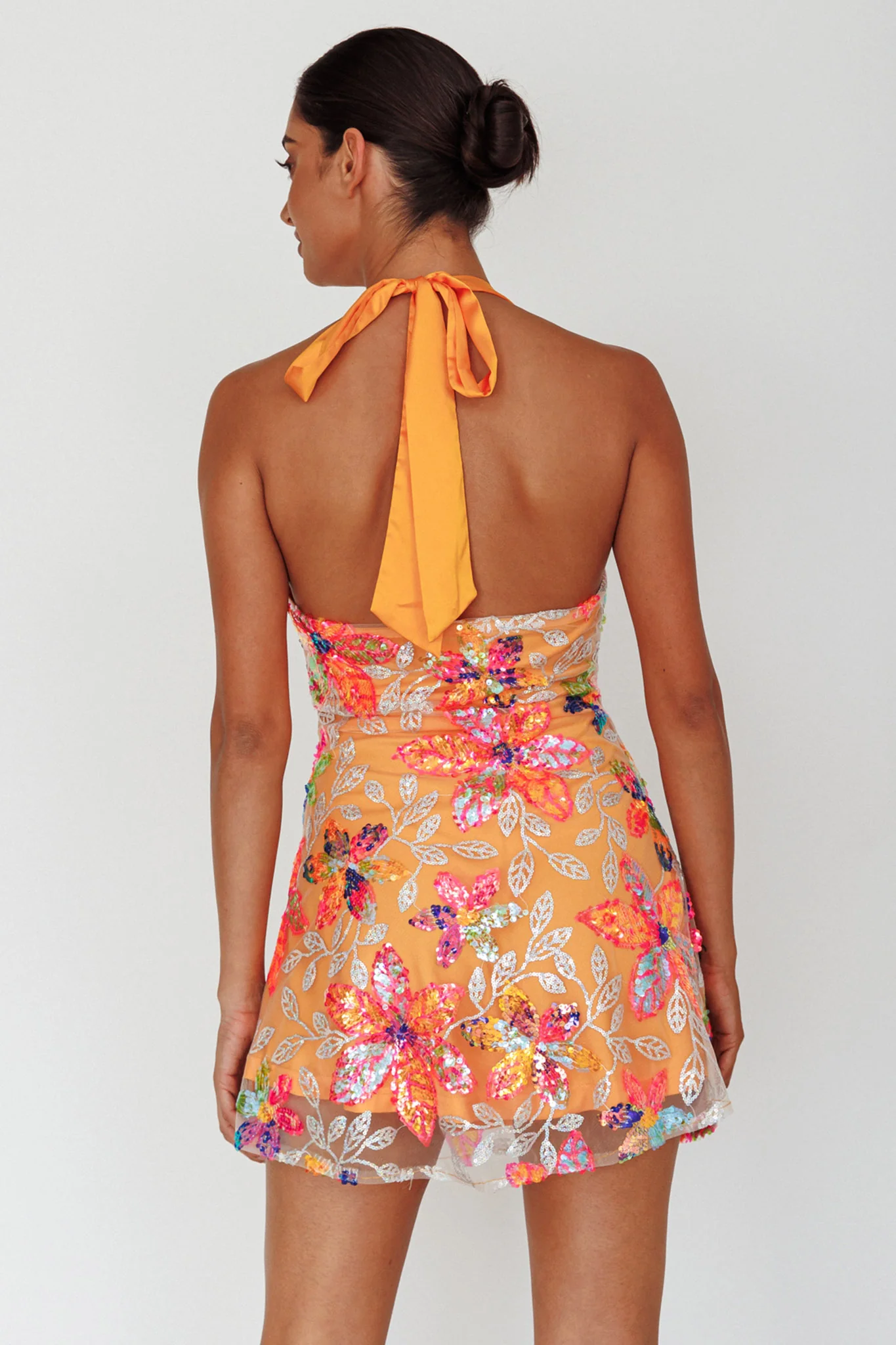 Champagne Showers Halterneck Slip Mini Dress Sequin Floral Orange - Image 2