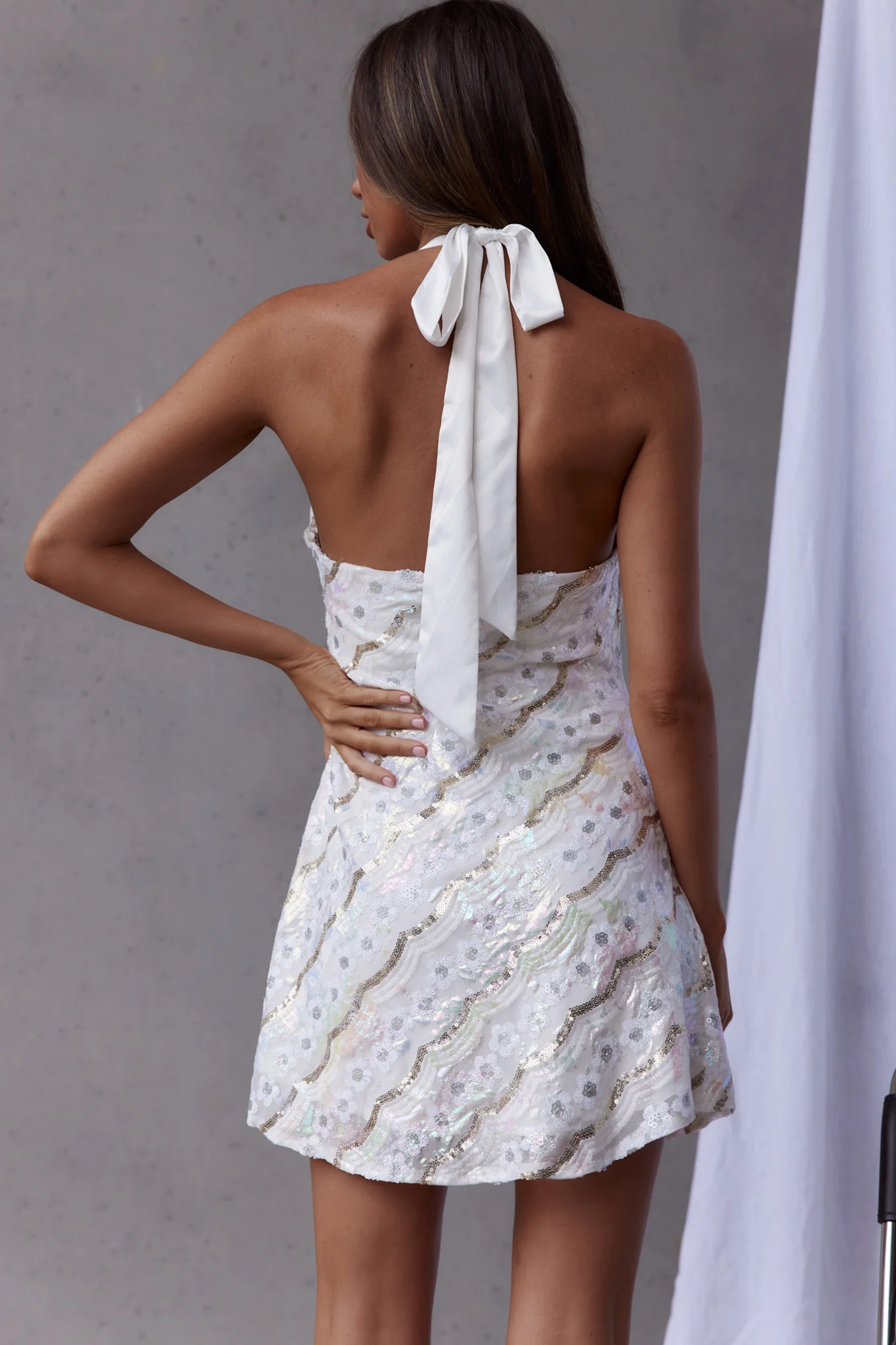 Champagne Showers Halterneck Slip Mini Dress Sequin Flower White - Image 2