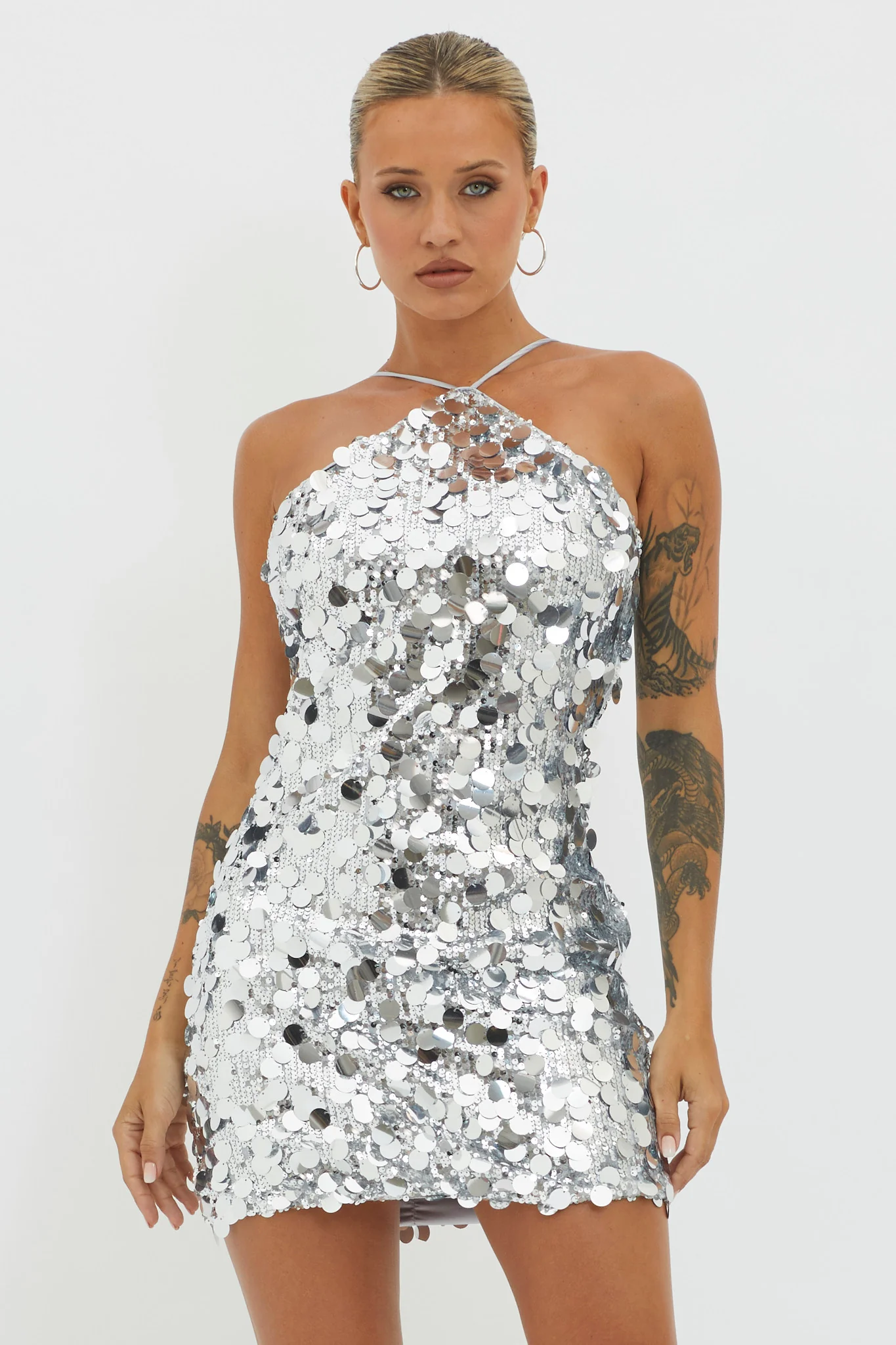 Champagne Twist Sequin Mini Dress Silver - Image 3