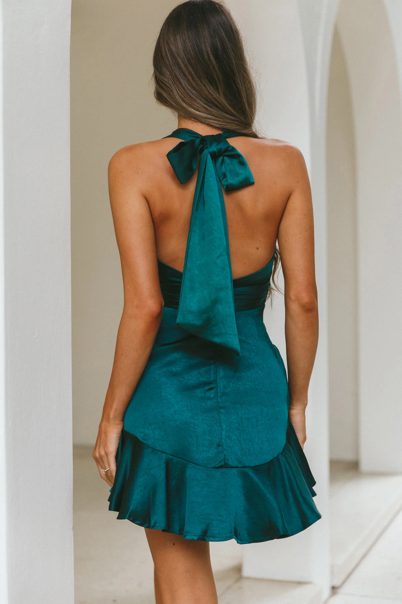 Champs Elysees Halterneck Ruffle Hem Mini Dress Forest Green - Image 2