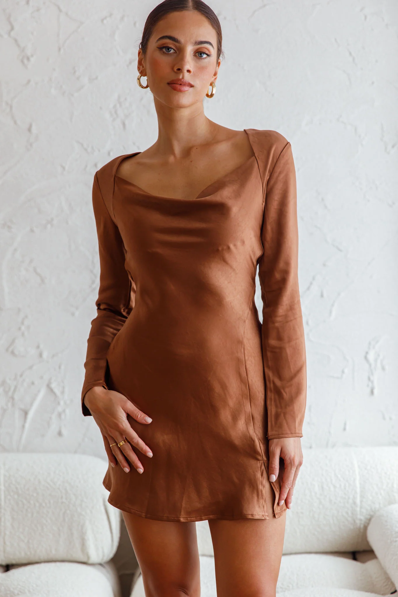 Champs Elysees Long Sleeve Open Back Mini Dress Chocolate - Image 6