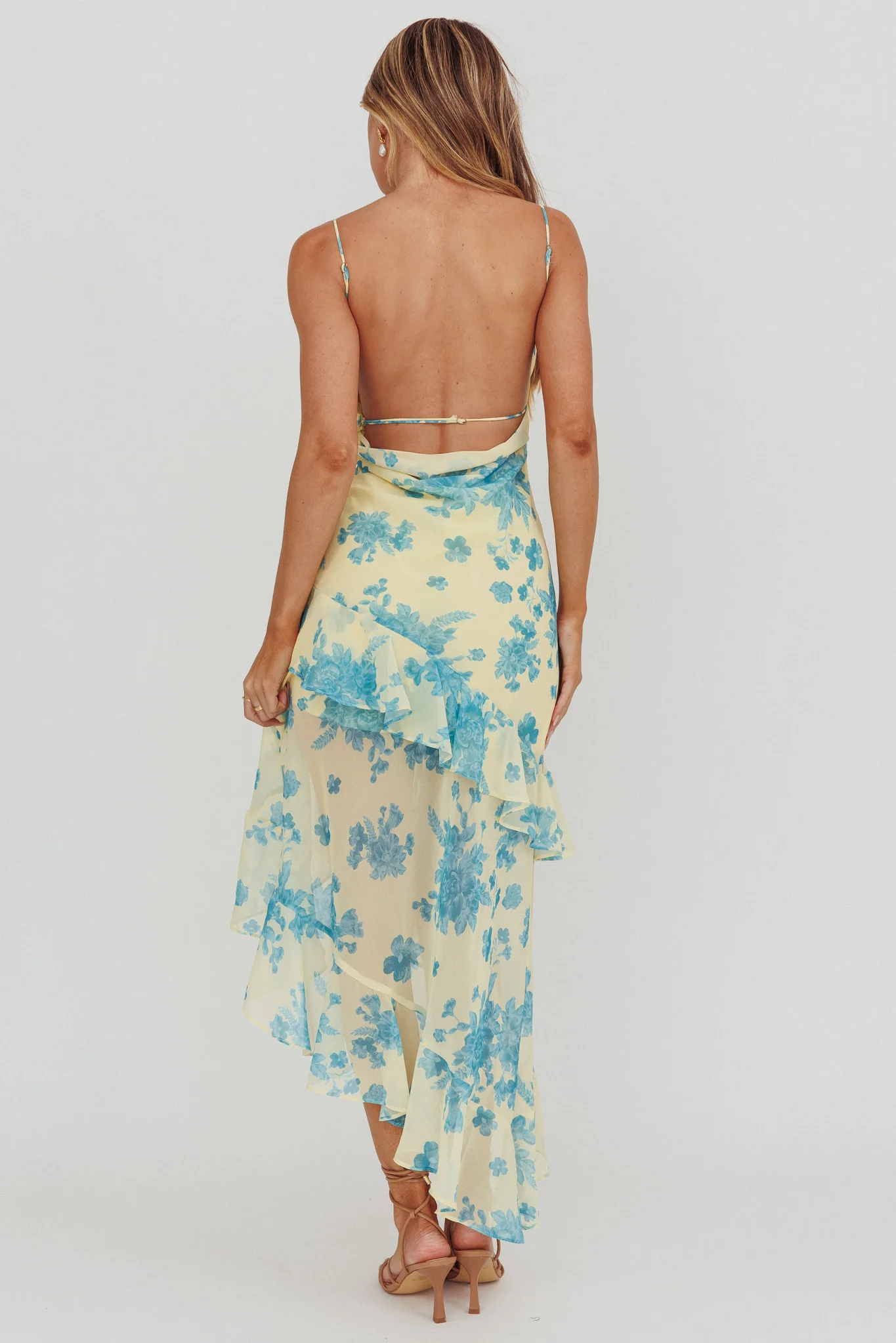 Chances Rosette Ruffle Midi Dress Floral Lemon - Image 2