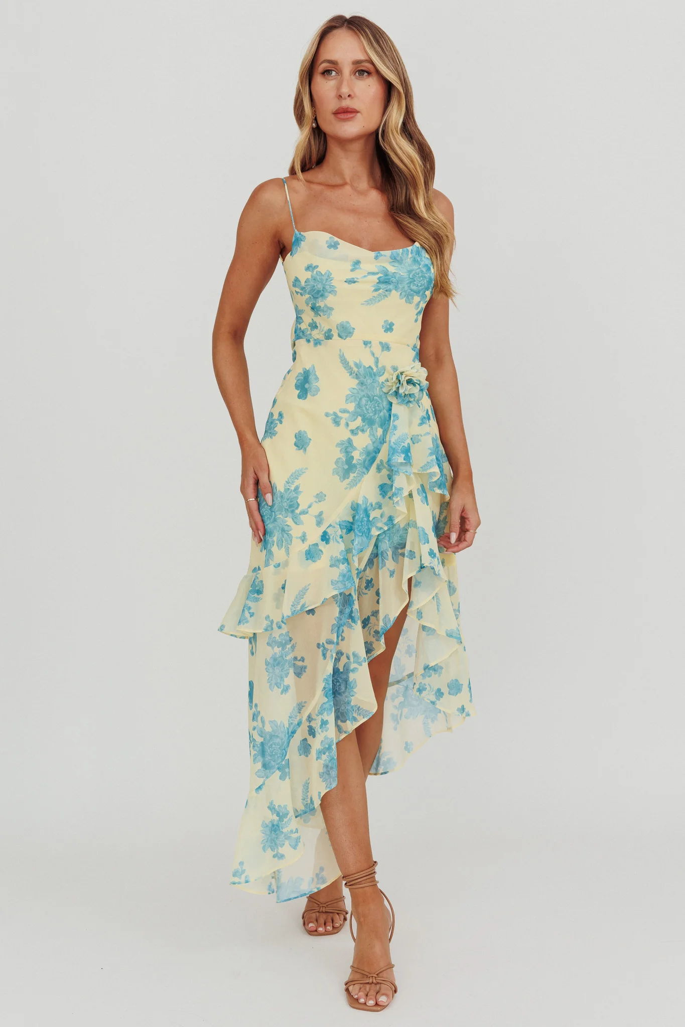 Chances Rosette Ruffle Midi Dress Floral Lemon - Image 3